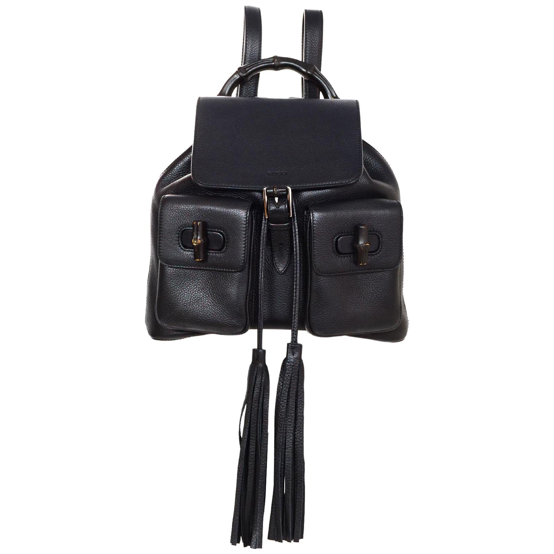 Gucci Black Leather Medium Bamboo Backpack Bag W/ Tassel Drawstring rt. $2, 590