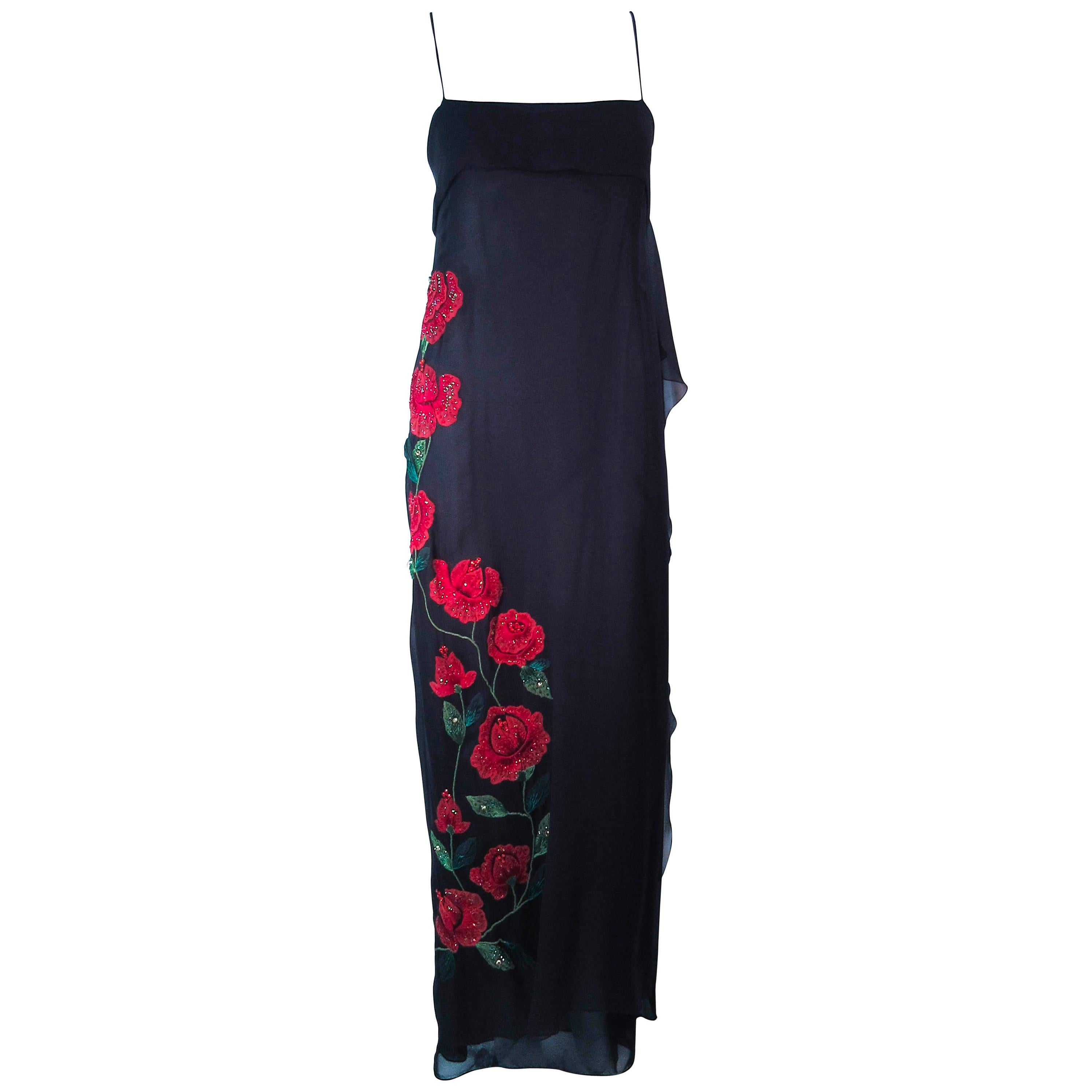 BLUEMARINE Black Silk Chiffon Rose Applique Maxi Dress Size S/M  For Sale