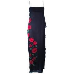 BLUEMARINE Black Silk Chiffon Rose Applique Maxi Dress Size S/M 
