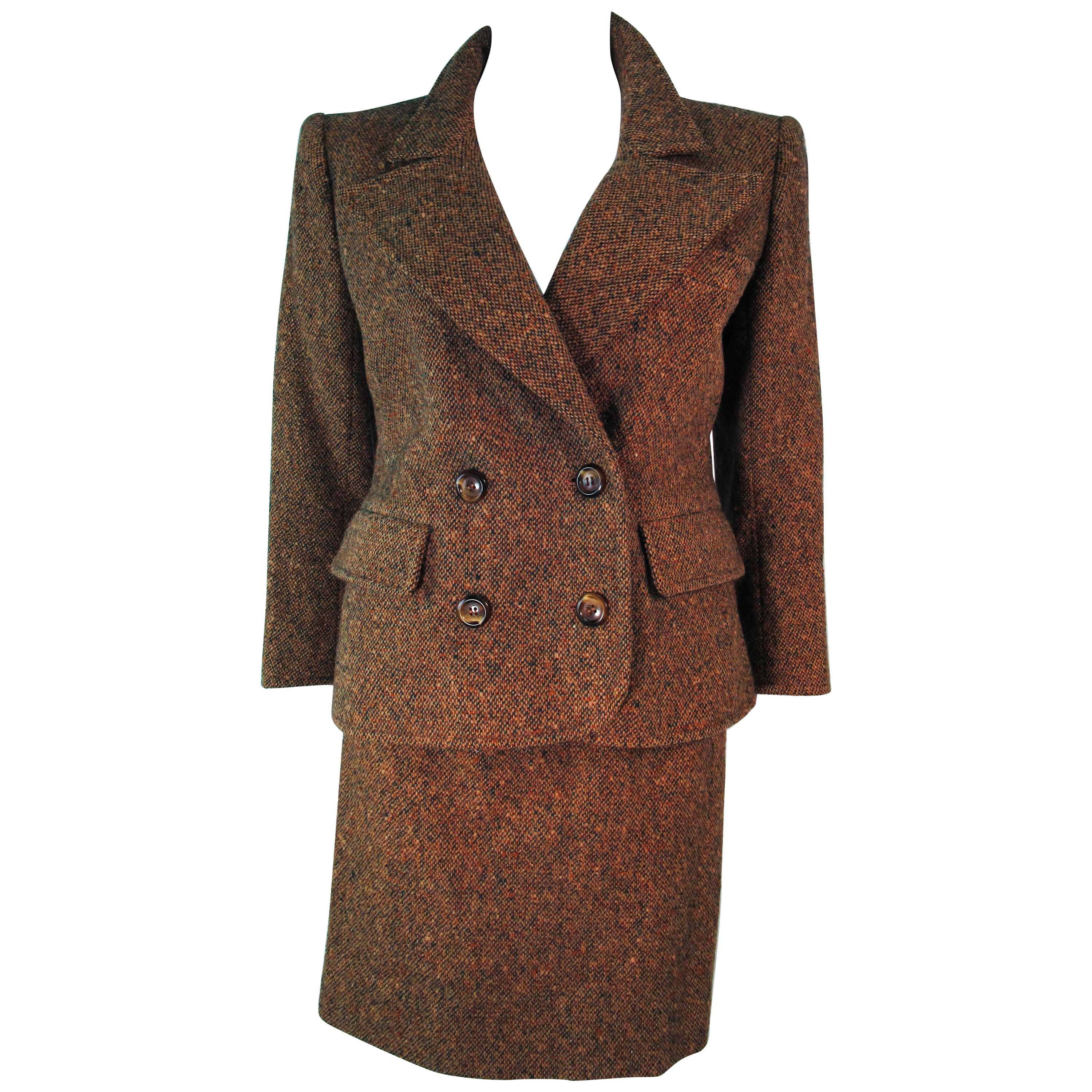 YVES SAINT LAURENT 1970's Brown & Green Skirt Suit Size 4 6 For Sale