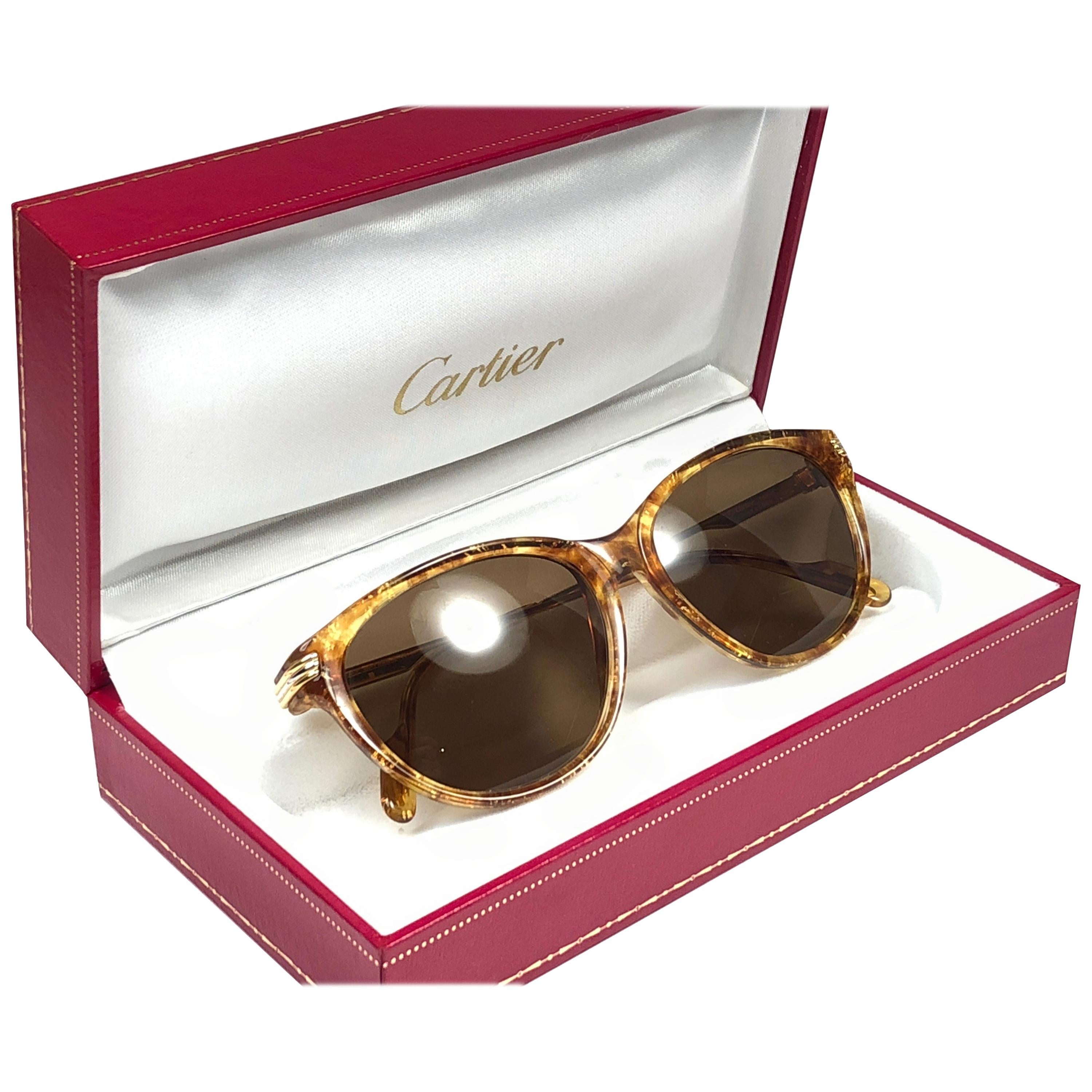  Cartier Eclat Jaspe Gold Sunglasses Brown France 18k Gold 1991