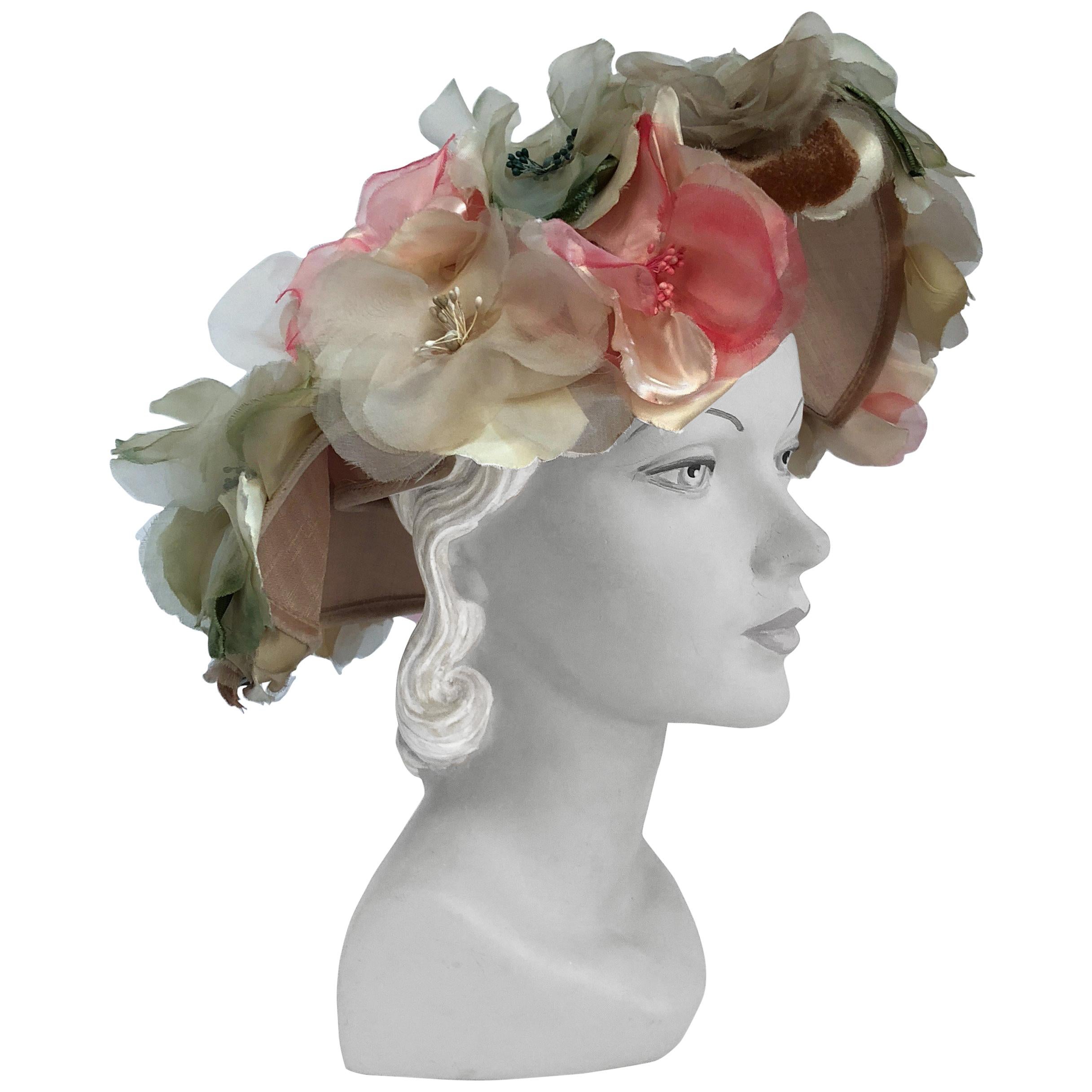 1950s Beige Picture Hat with Silk Multicolored Flowers