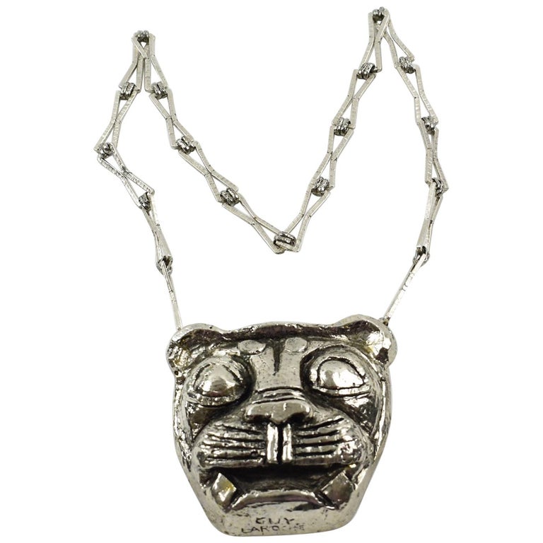 Guy Laroche Paris Signed Modernist Chrome Lion Medallion Pendant Guy Laroche Paris Signed Modernist Chrome Lion Medallion Pendant Necklace For