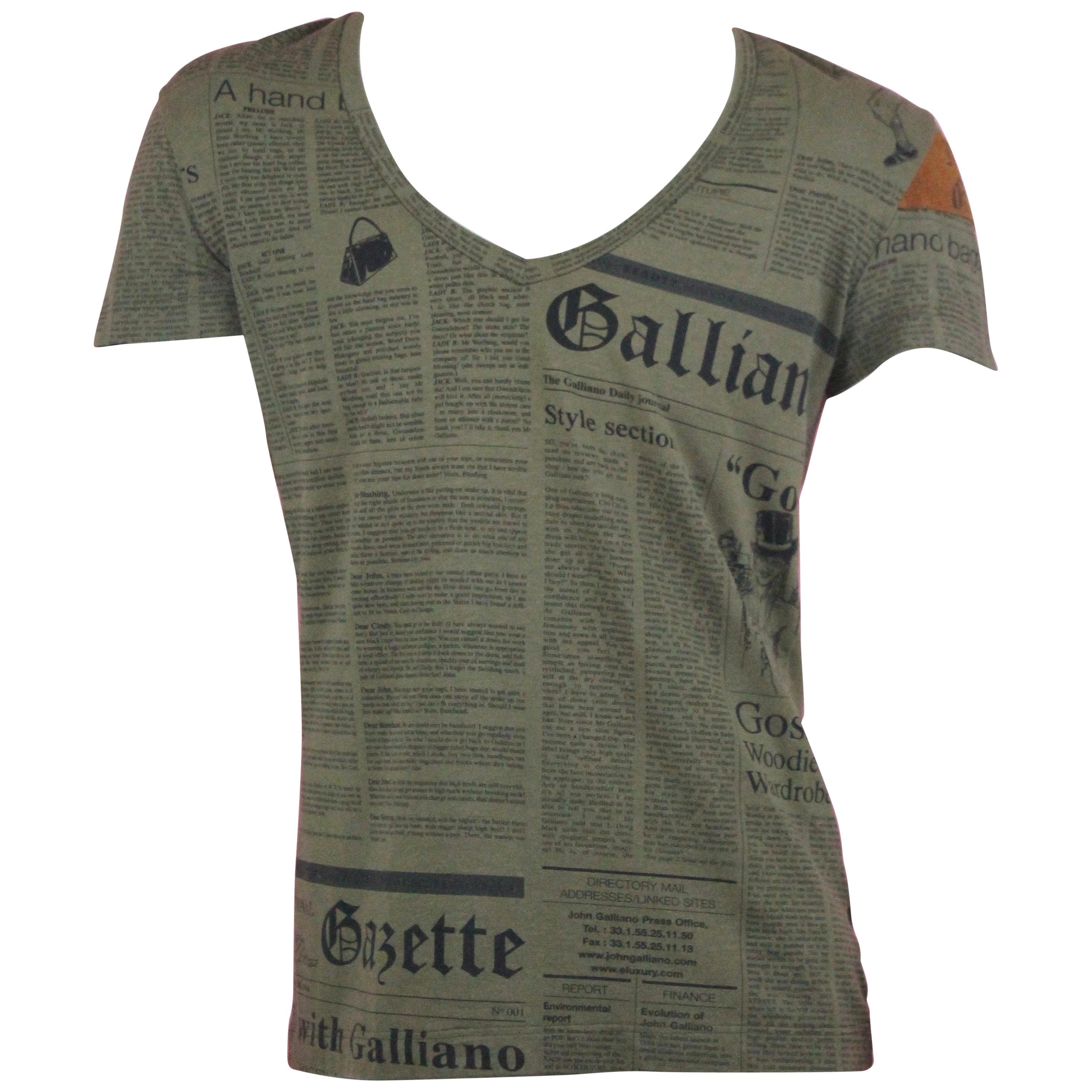 Galliano Gazette Newspaper Print Olive T-Shirt, SS2006, Size S For Sale