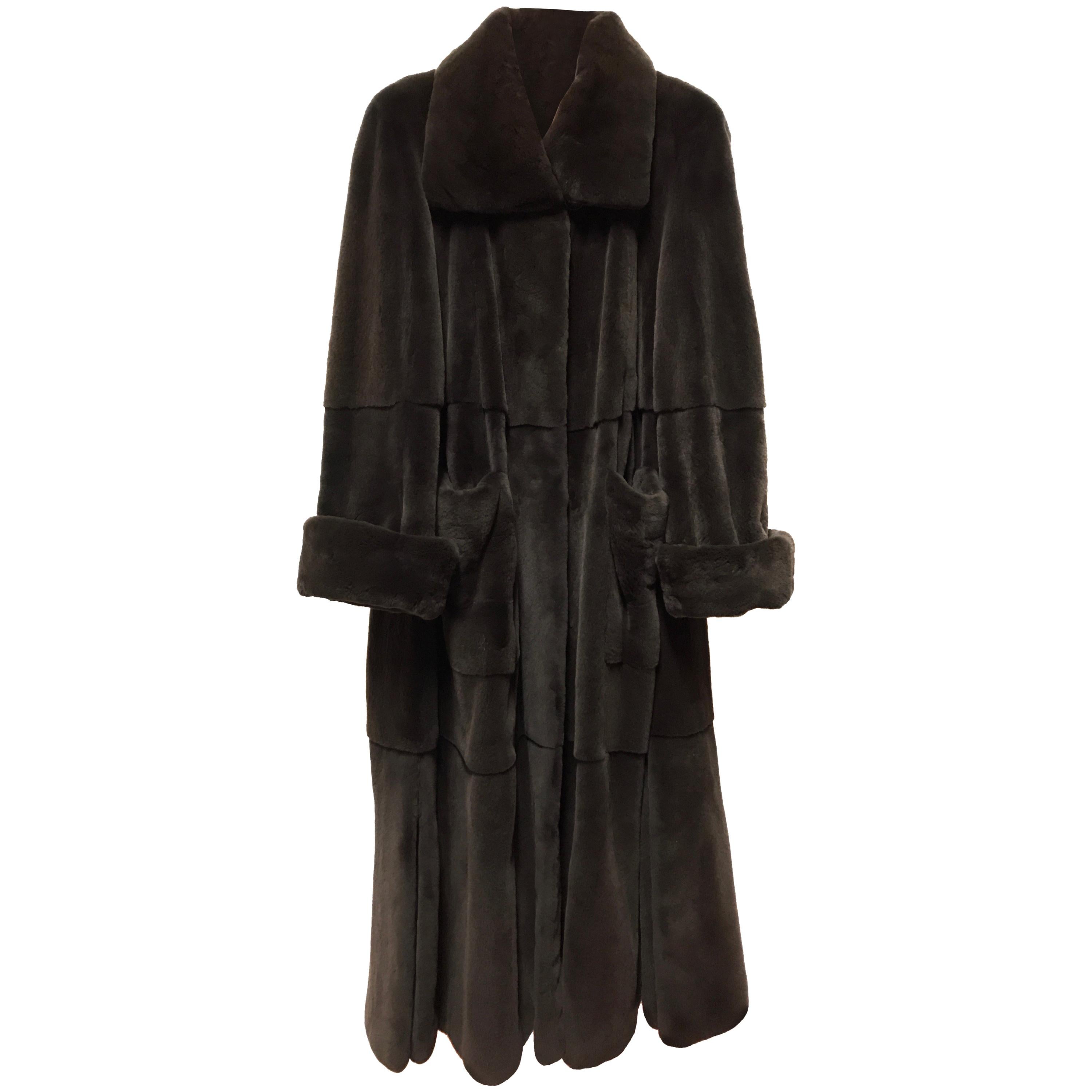 Floor-length sheared velvet silk mink fur coat. Dark brown (12) For ...