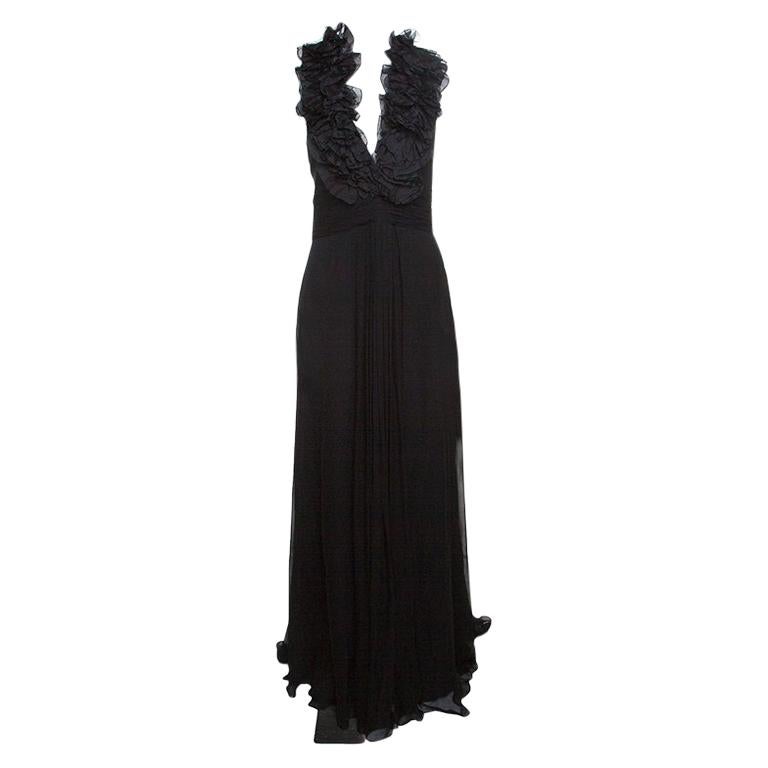 Notte By Marchesa Black Silk Chiffon Ruffle Detail Halter Evening Gown L