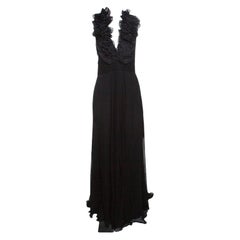 Used Notte By Marchesa Black Silk Chiffon Ruffle Detail Halter Evening Gown L