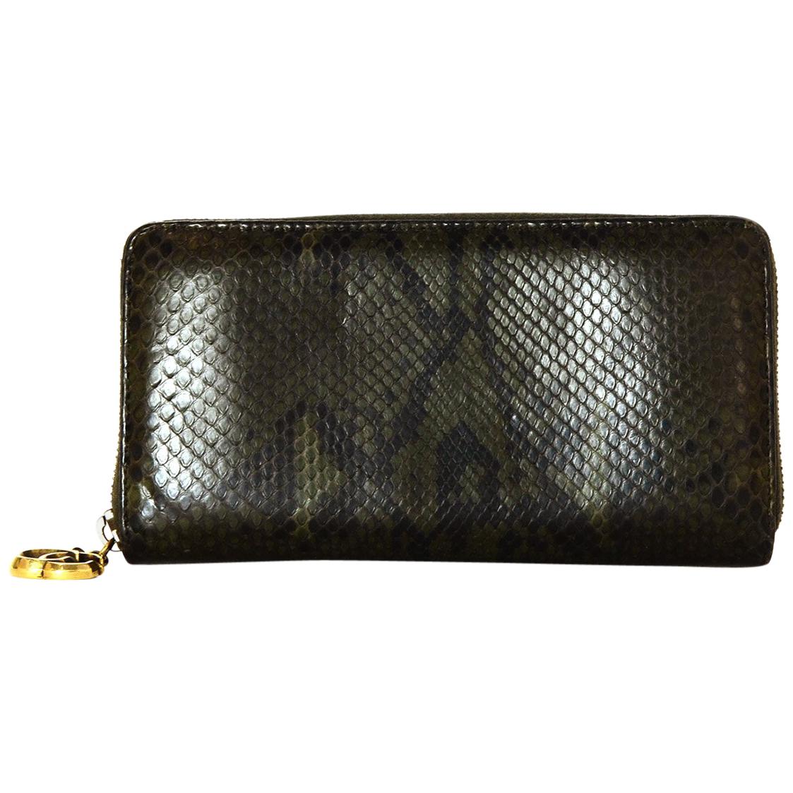 Gucci Green Python Zip Around Wallet w/ GG Logo Zipper Pull