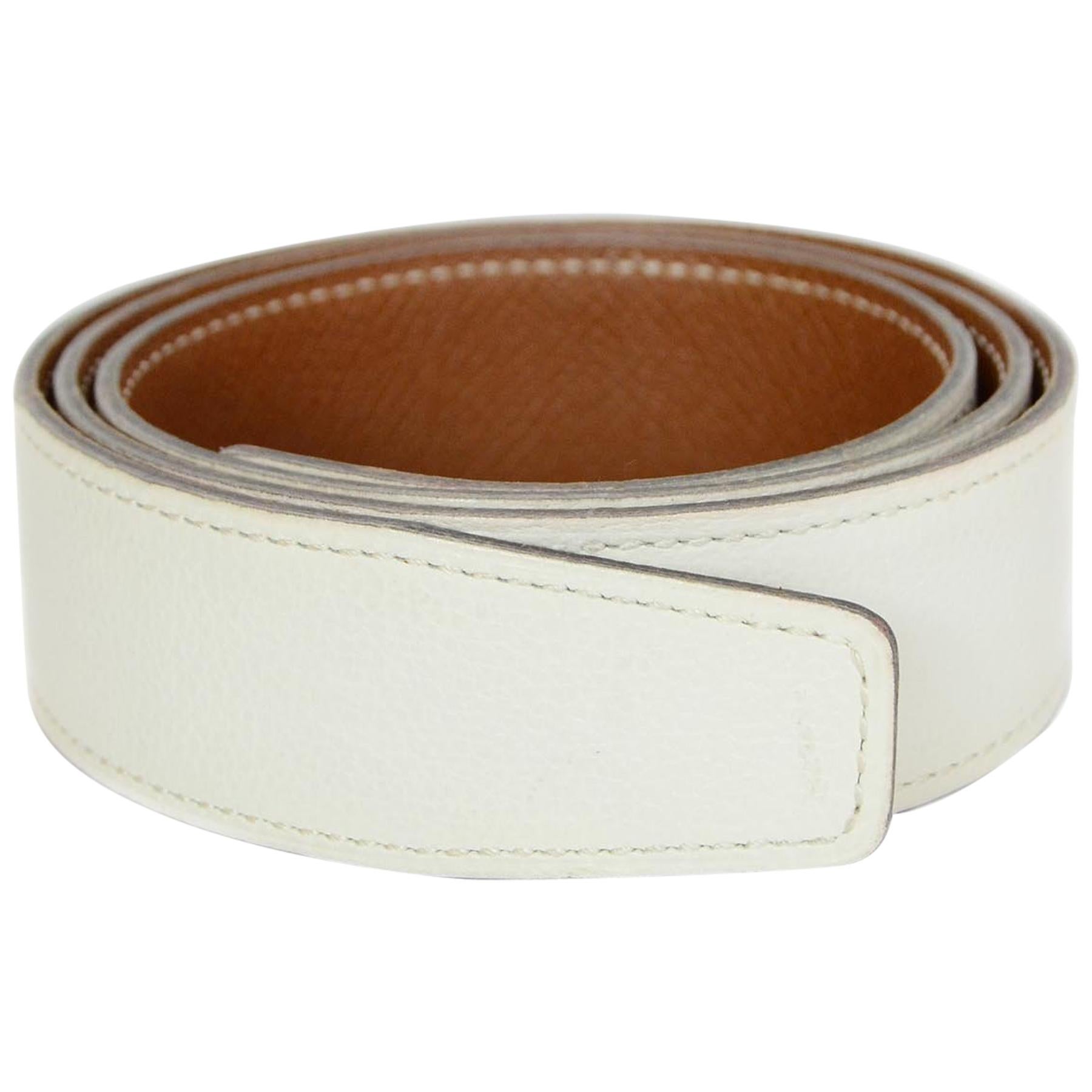 Hermes White/Tan Gold Leather Reversible 32mm Belt Strap 72