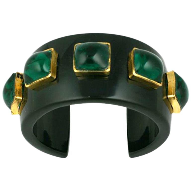 Chanel Cuff with Emerald Poured Glass Stones For Sale