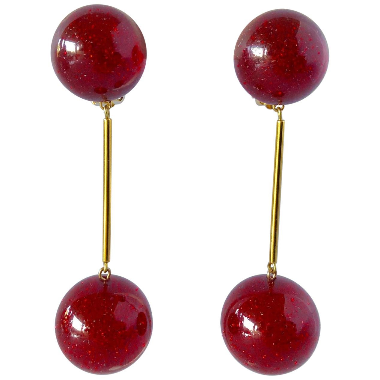 Vintage French Red Stardust Mod Ball Statement Earrings 