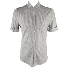 Vintage BRUNELLO CUCINELLI Size L Grey & White Stripe Linen Blend Short Sleeve Shirt