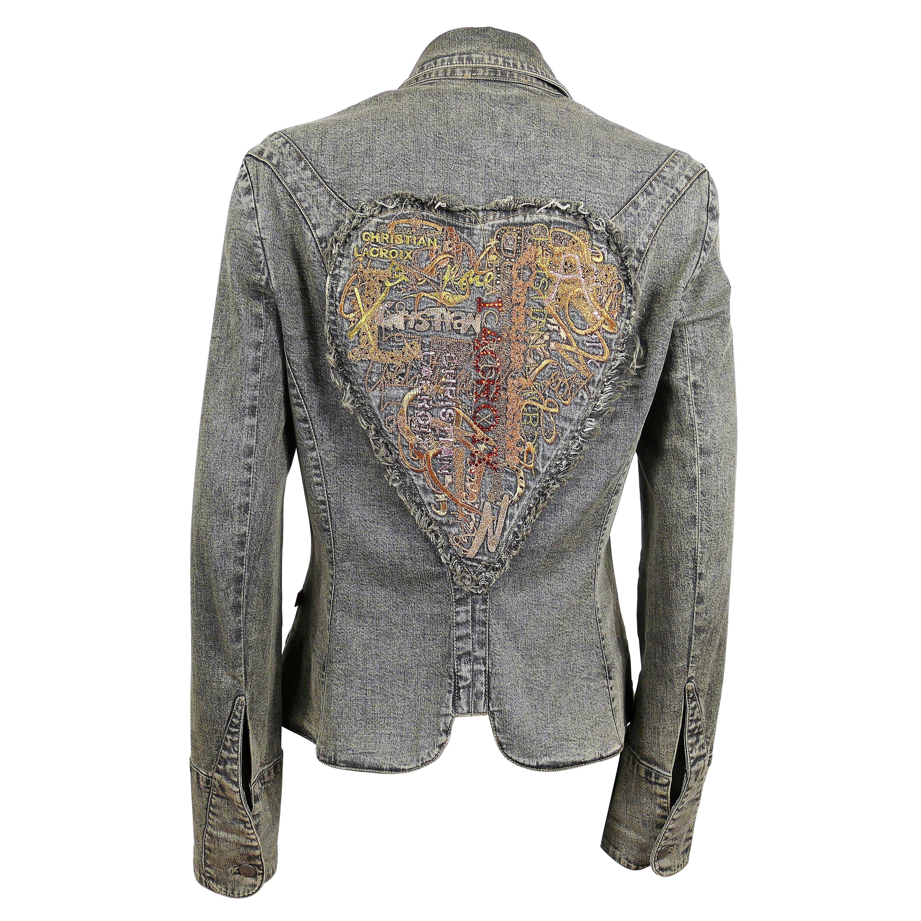 Christian Lacroix Vintage Embroidered and Jeweled Heart Denim Jacket For Sale