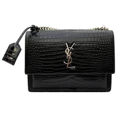 Saint Laurent Sunset Bag Black Leather Crocodile Print