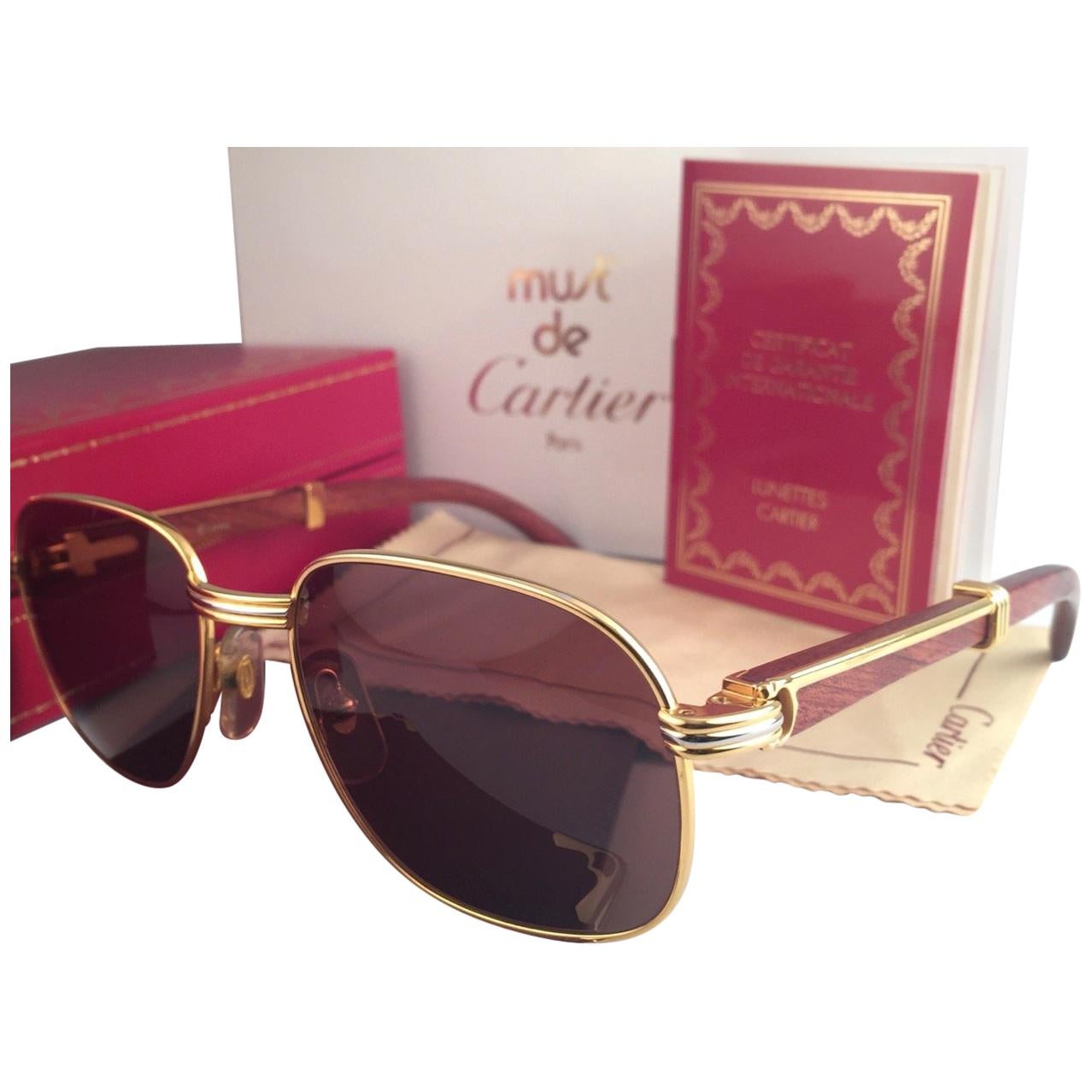 New Cartier Wood Monceau Gold and Wood 55MM Brown Lenses France Sunglasses  at 1stDibs | cartier monceau, cartier red lenses