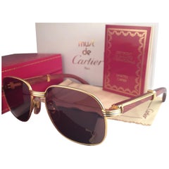 New Cartier Wood Monceau Gold & Wood 55MM Brown Lenses France Sunglasses