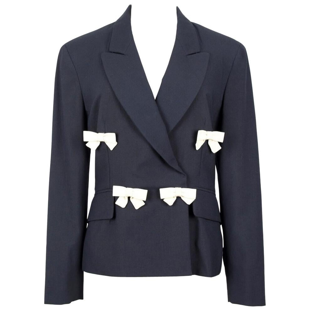 1990s Moschino Cheap & Chic Black & Ivory Light Wool Bow Decorated Blazer For Sale