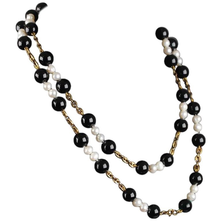 Handmade in Italy Long Necklace with Black Onyx and Baroque Pearls and Beads