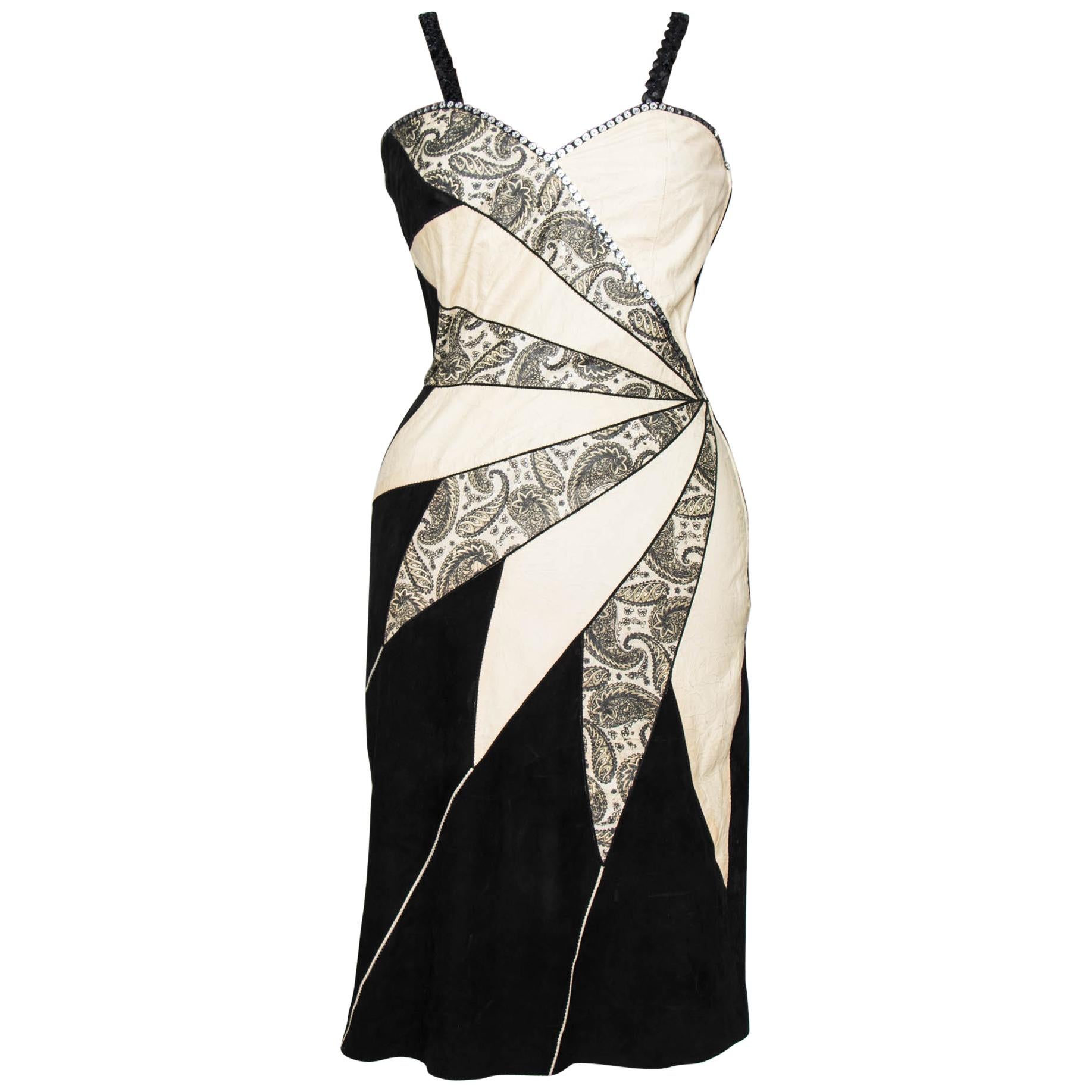 A 1980s Vintage Roberto Cavalli Embellished Leather Patchwork Cocktail Dress XS For Sale