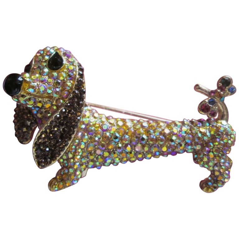 Butler Wilson Signed Faux Diamond Dachshund Dog Brooch Pin at 1stDibs
