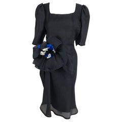 Vintage Givency Black Textured Silk Dress with Hip Bow 1990s