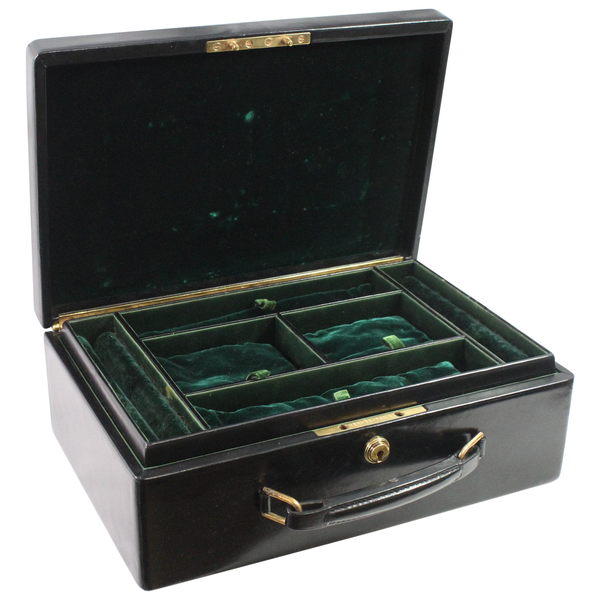 Hermes 60
s Black Box Leather and Royal Green Velvet Jewelry Box