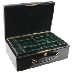 Retro Hermes 60's Black Box Leather and Royal Green Velvet Jewelry Box