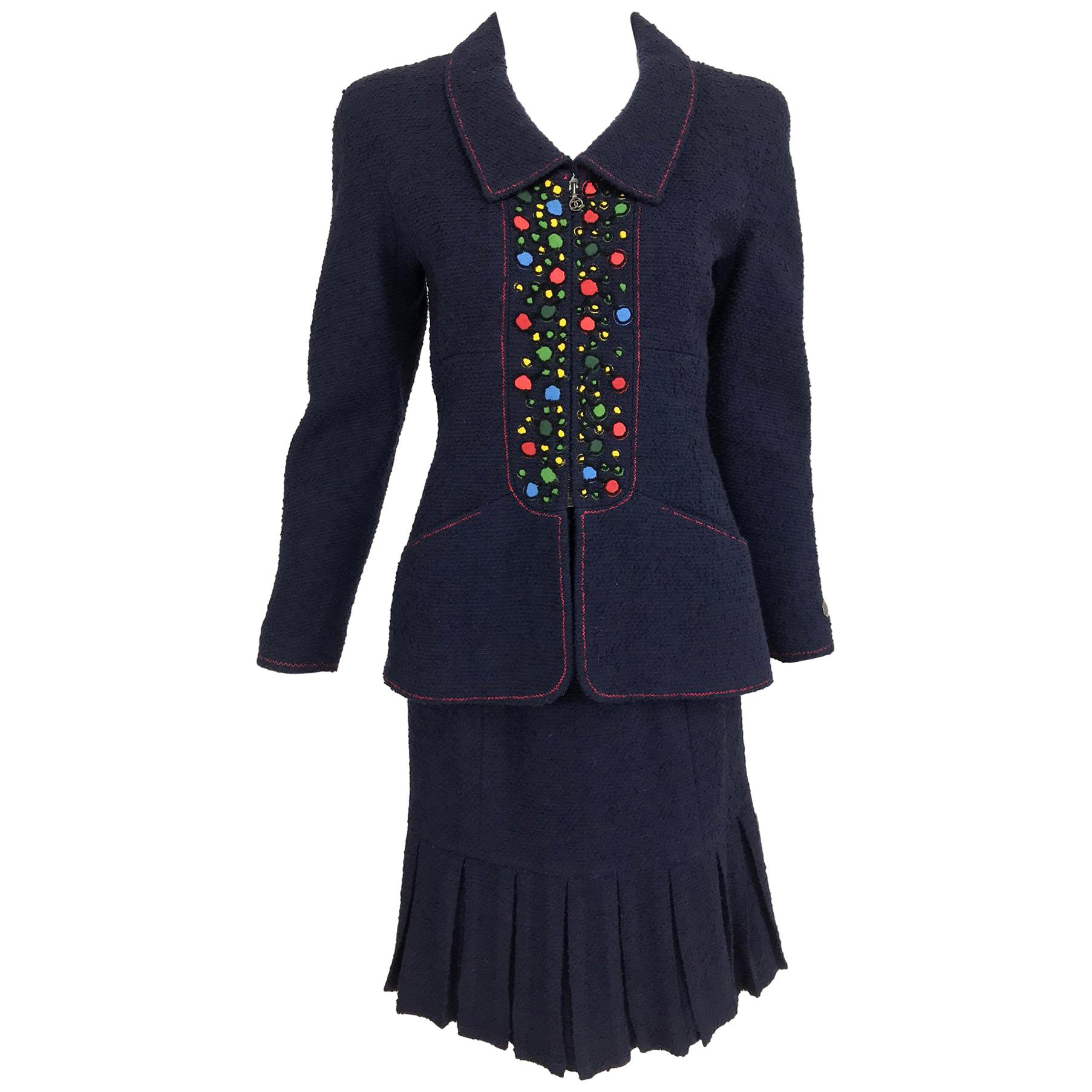 Chanel Navy Blue Appliqued Fitted Suit with Short Pleated Skirt 1997A.