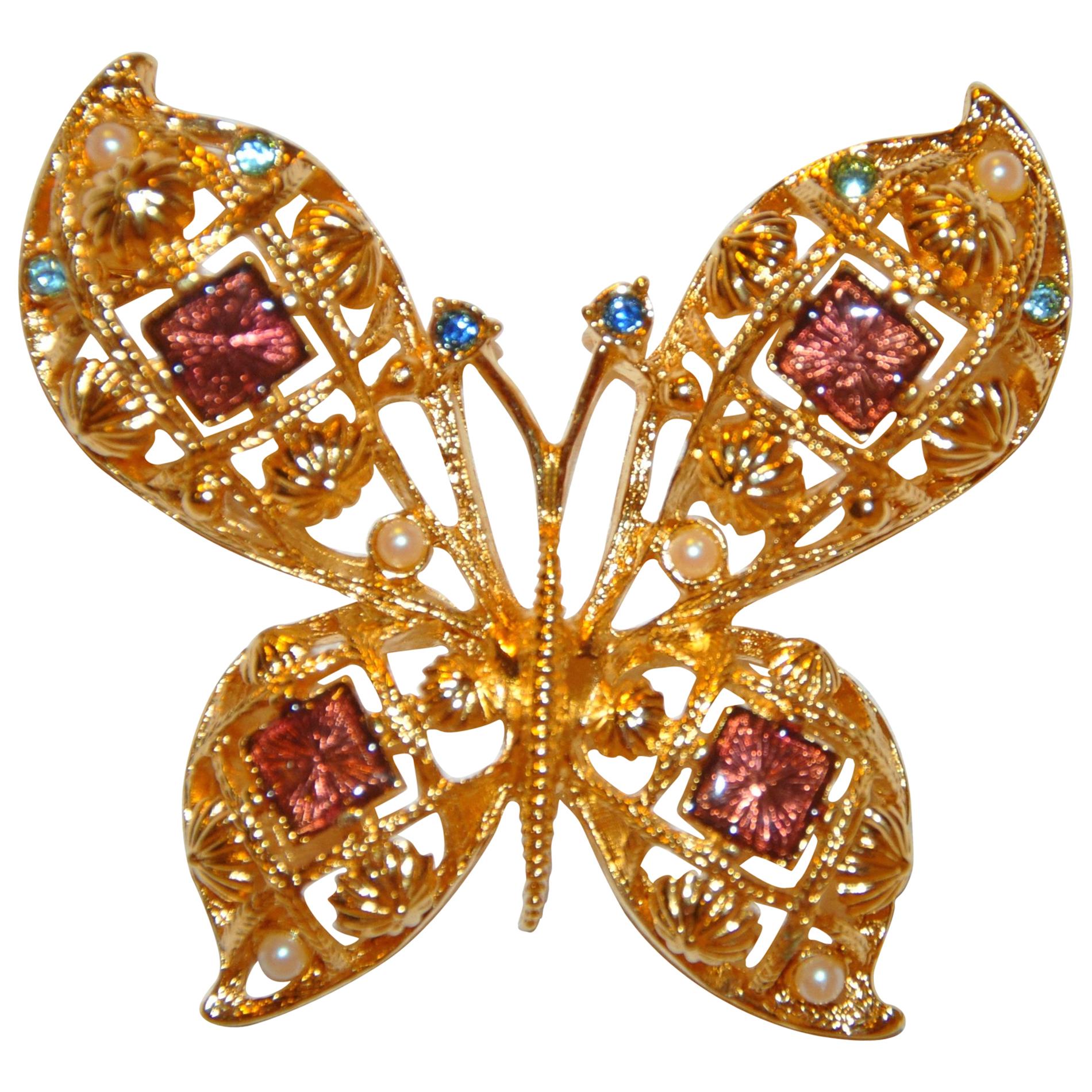 Beautifully Delicate Gilded Gold Vermeil Hardware Etched "Butterfly" Brooch For Sale