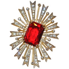 Retro Kenneth Jay Lane Large Whimsical "Ruby" & "Diamonds" "Starburst" Brooch