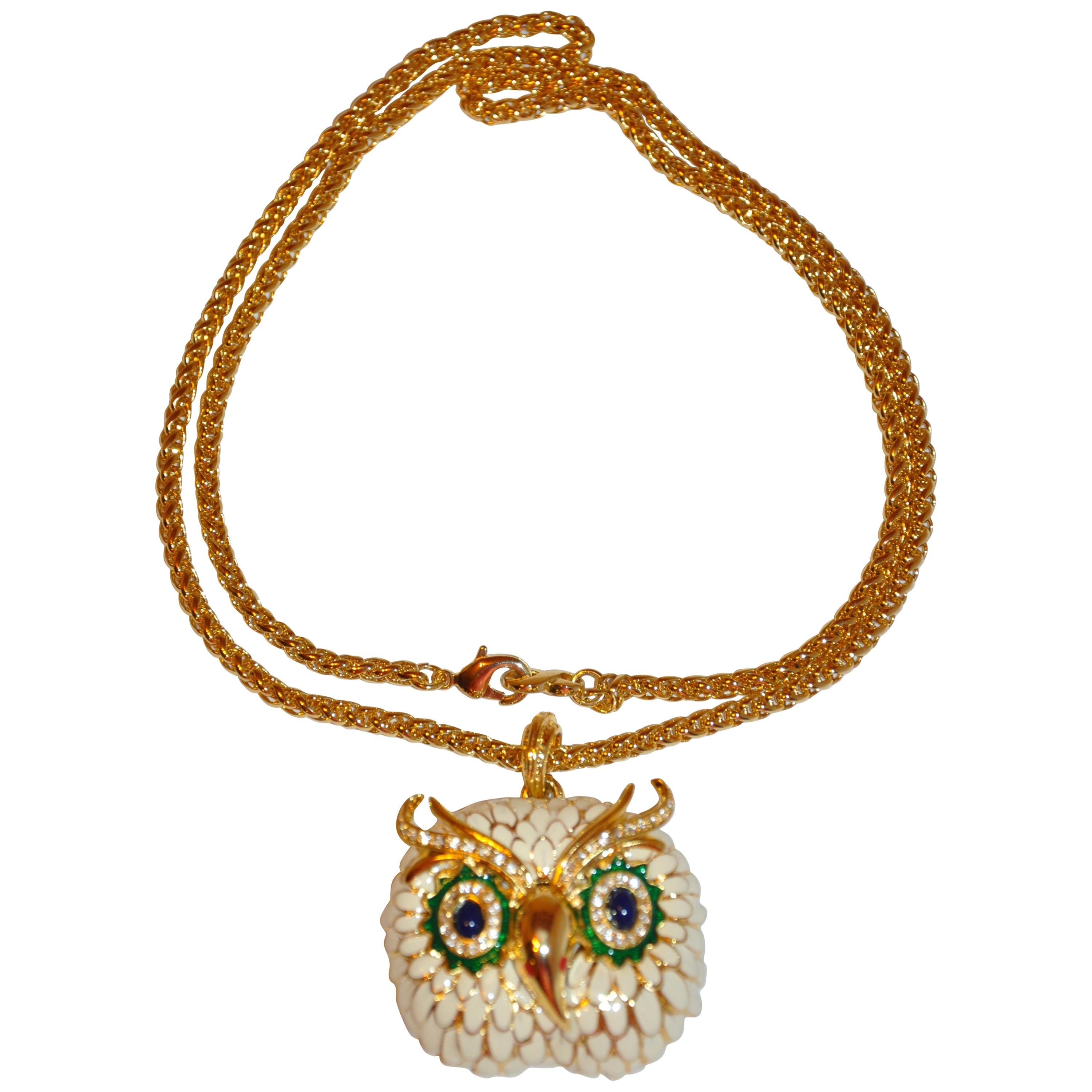 Kenneth Jay Lane MultiColor Enamel with Gilded Gold Hardware "Owl" Necklace For Sale