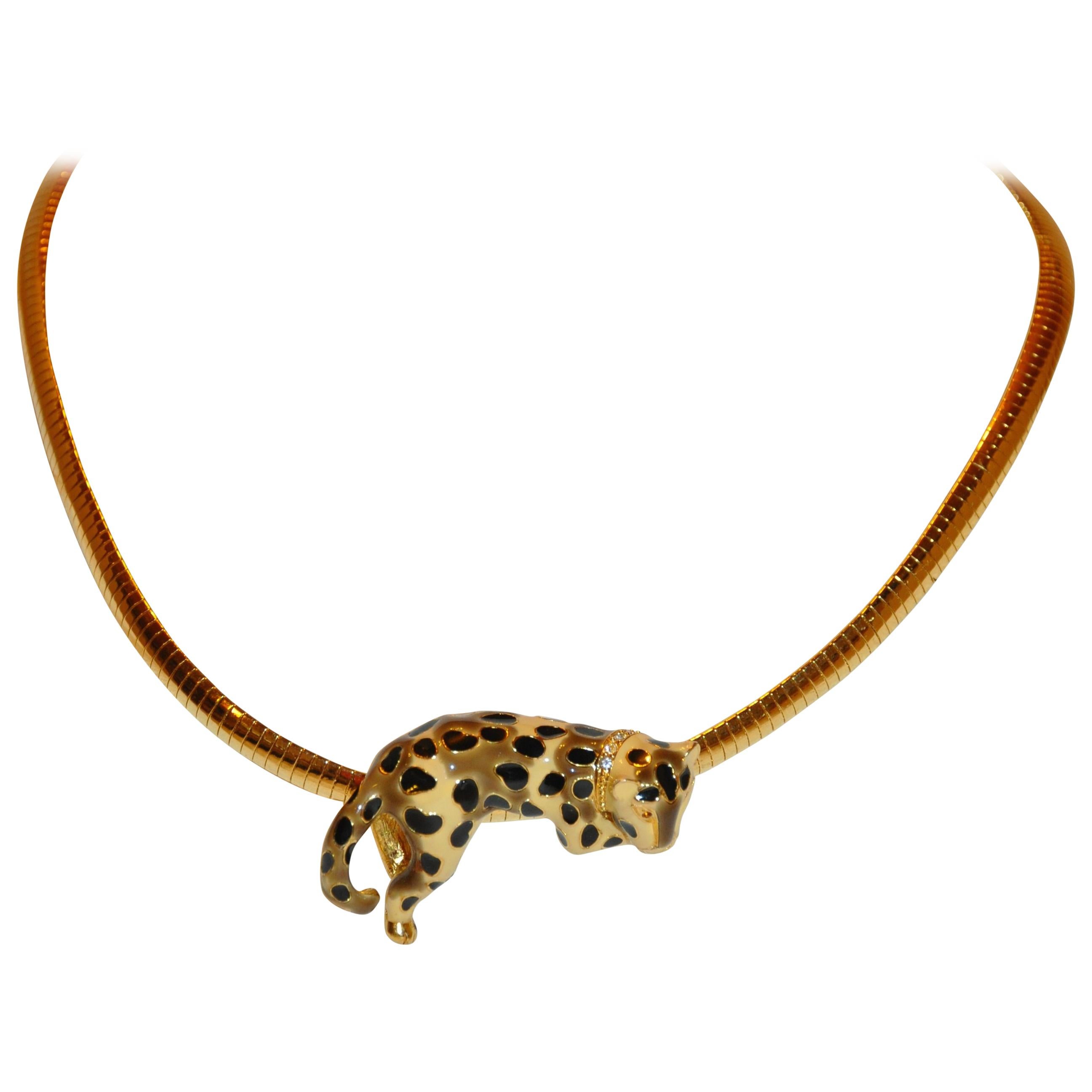 Kenneth Jay Lane Whimsical Brown, Cream & Black "Relaxing Leopard" Necklace