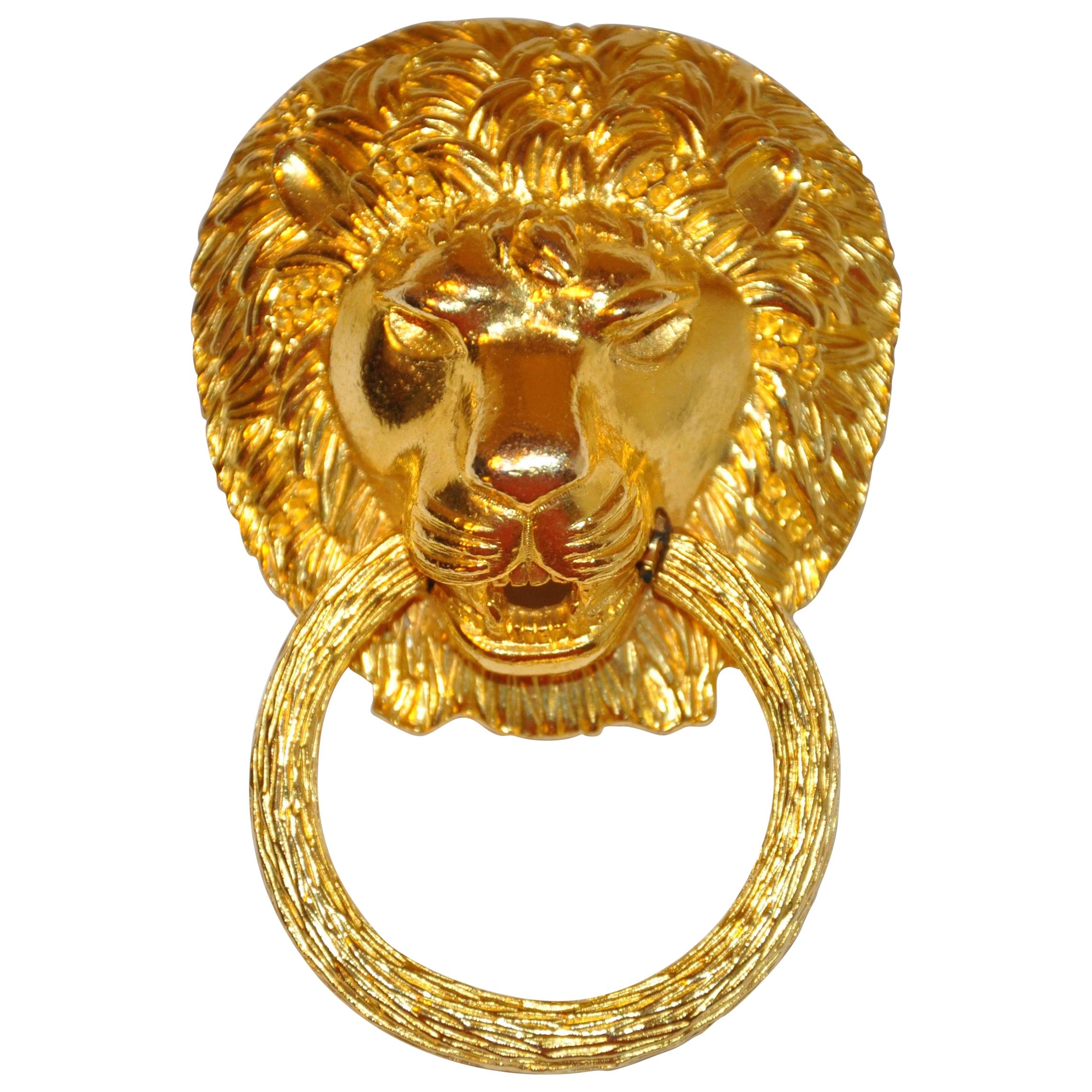 Kenneth Lane Large Gilded Gold Vermeil Hardware "Lion with Ring" Pendant/Brooch For Sale