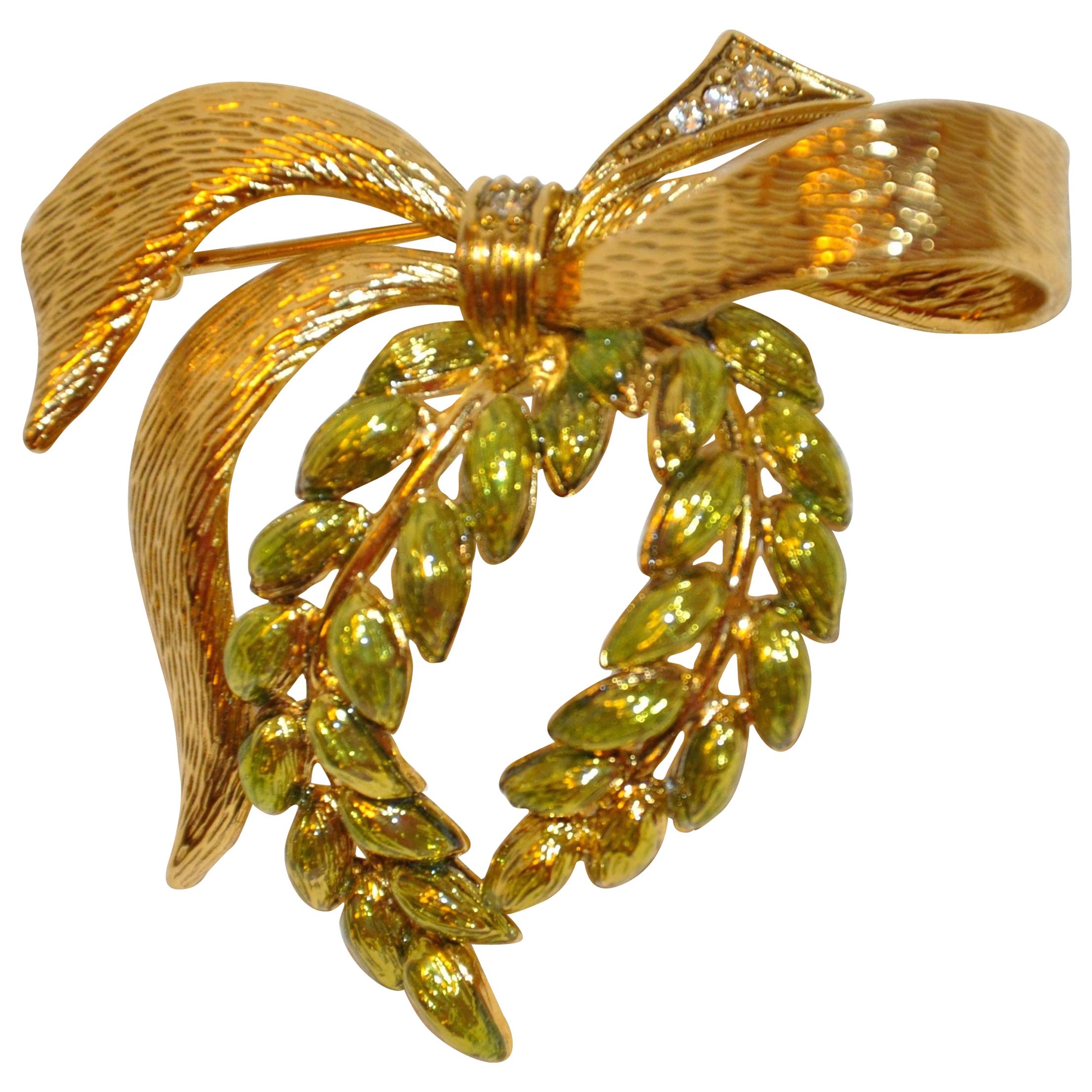 Gilded Gold Vermeil with Enamel "Wreath with Bow" Brooch For Sale