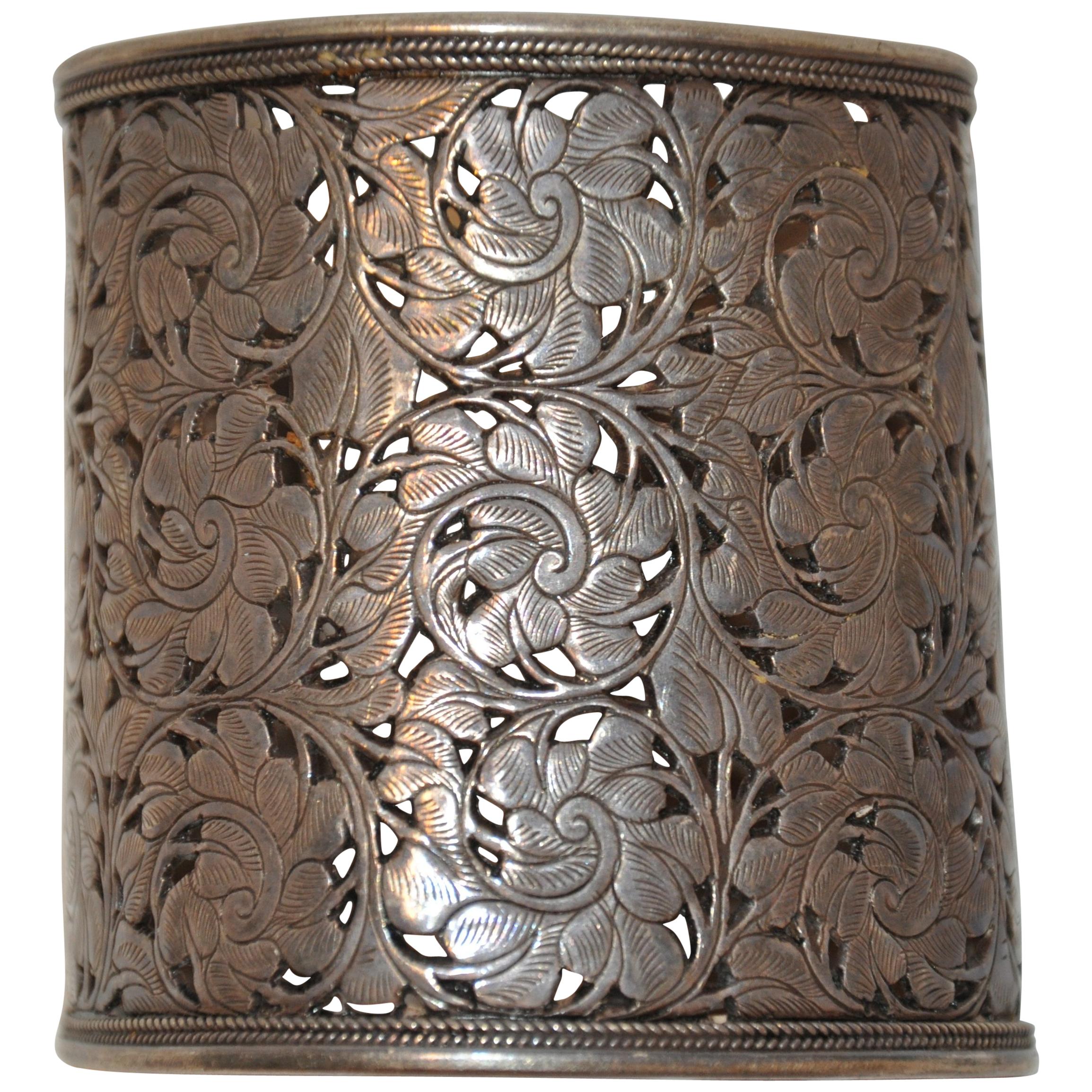 Rare Detailed Silver Detailed Multi Floral Filigree Cuff For Sale