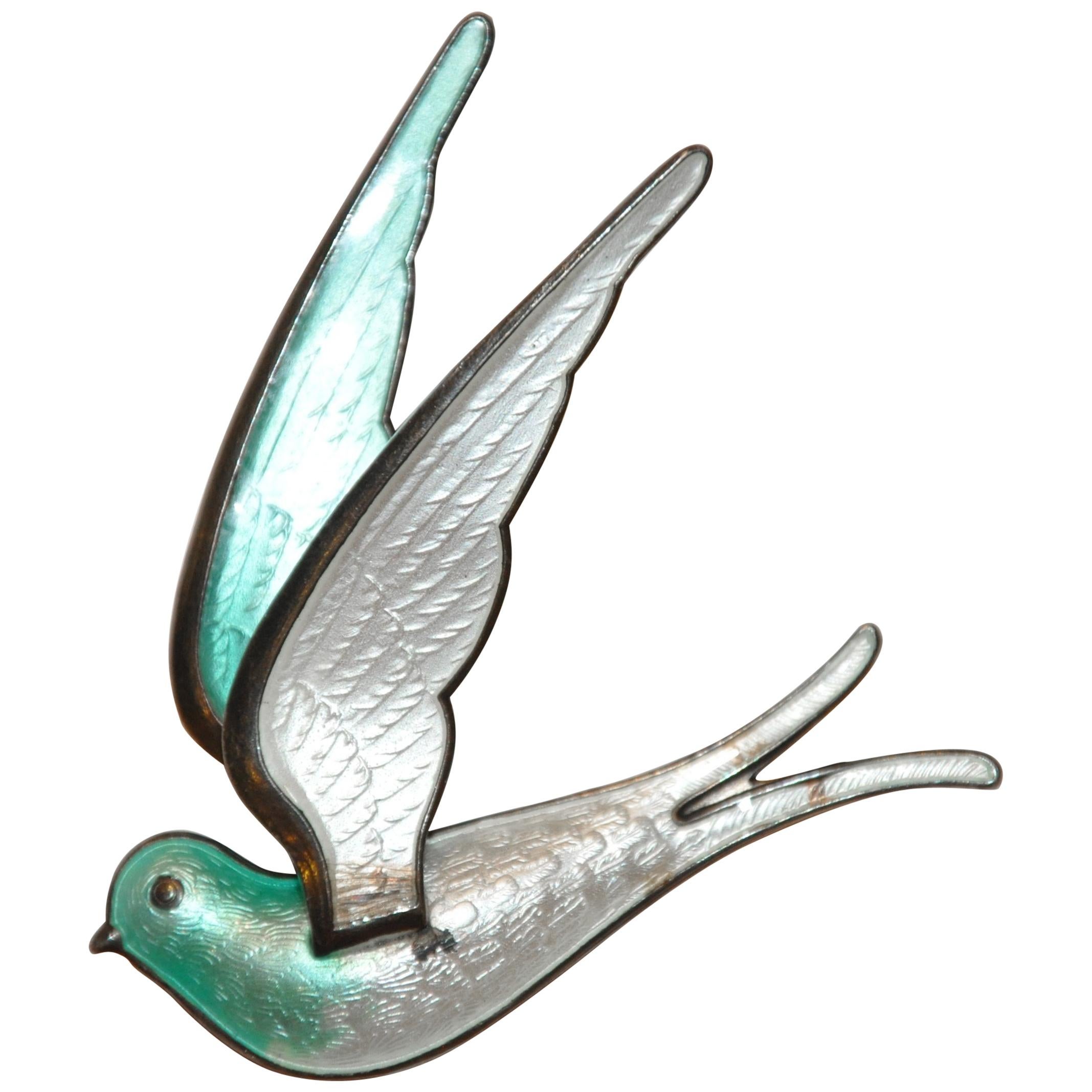 Beautiful Etched with Baked Enamel Ivory and Sea-Green "Dove In Flight" Brooch For Sale