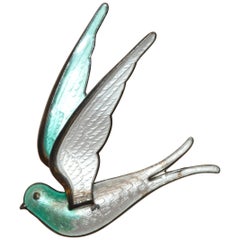 Beautiful Etched with Baked Enamel Ivory and Sea-Green "Dove In Flight" Brooch