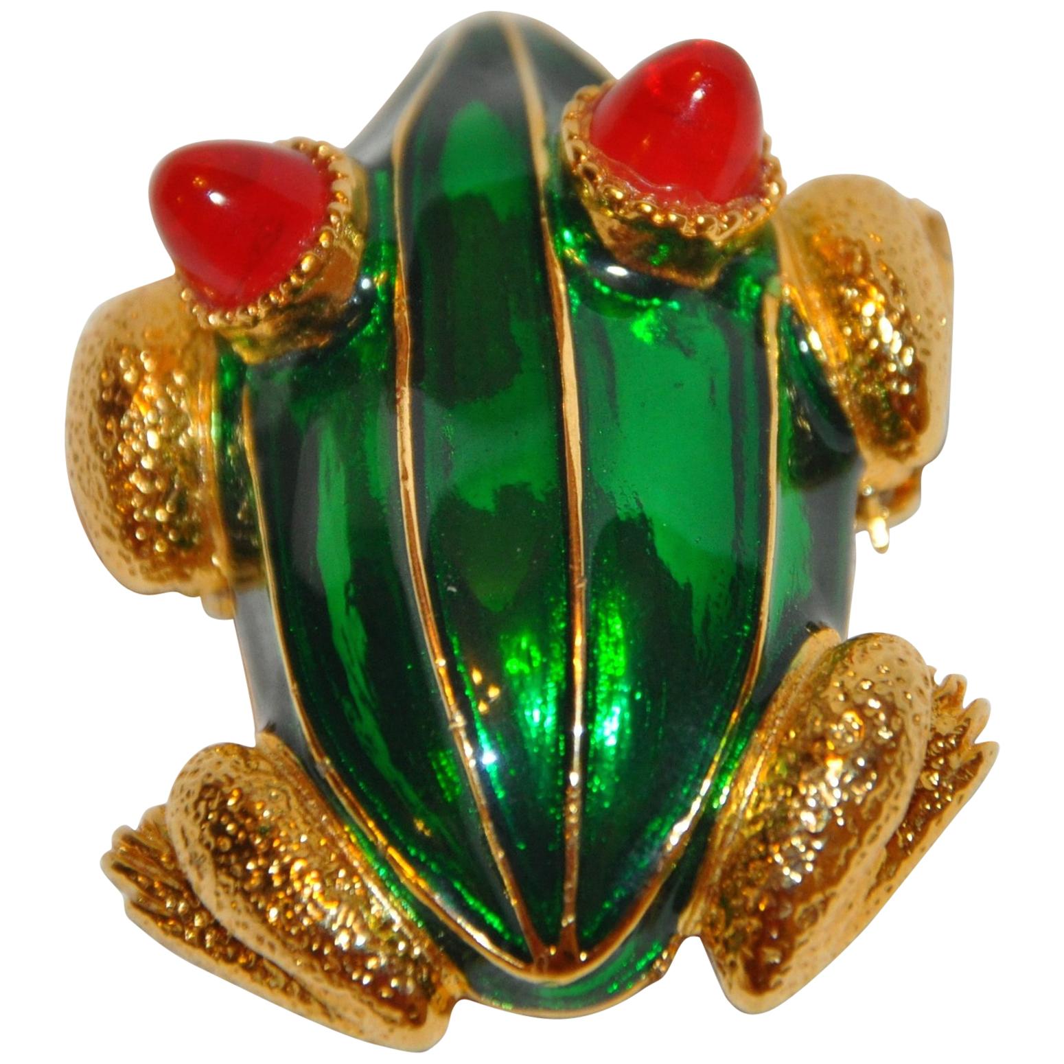 Kenneth Lane Rare Vivid Whimsical Green Enamel with Red Accent "Frog" Brooch For Sale