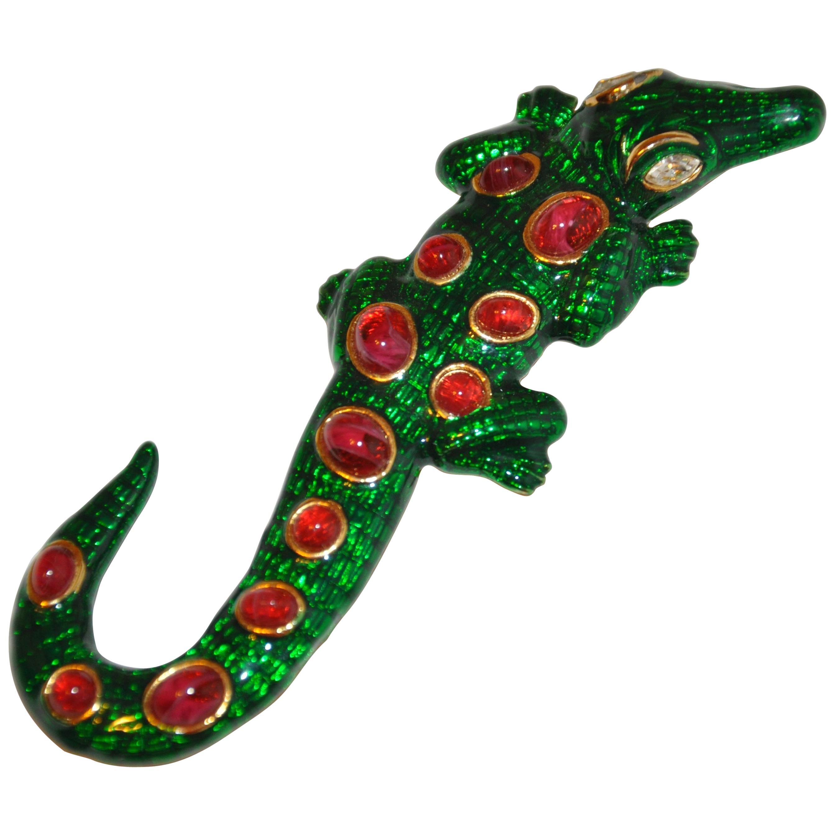 Kenneth Lane Whimsical Green Enamel with Ruby-Like Accent "Alligator" Brooch For Sale