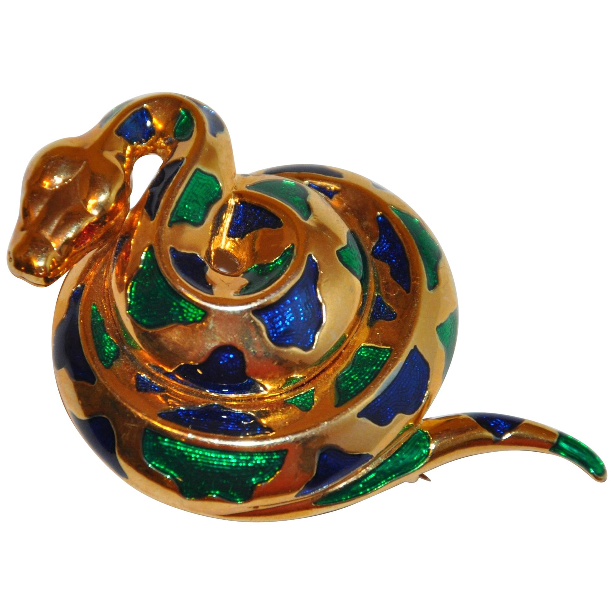 Whimsical Gilded Gold Hardware with MultiColor Enamel Inlay "Copperhead" Brooch For Sale