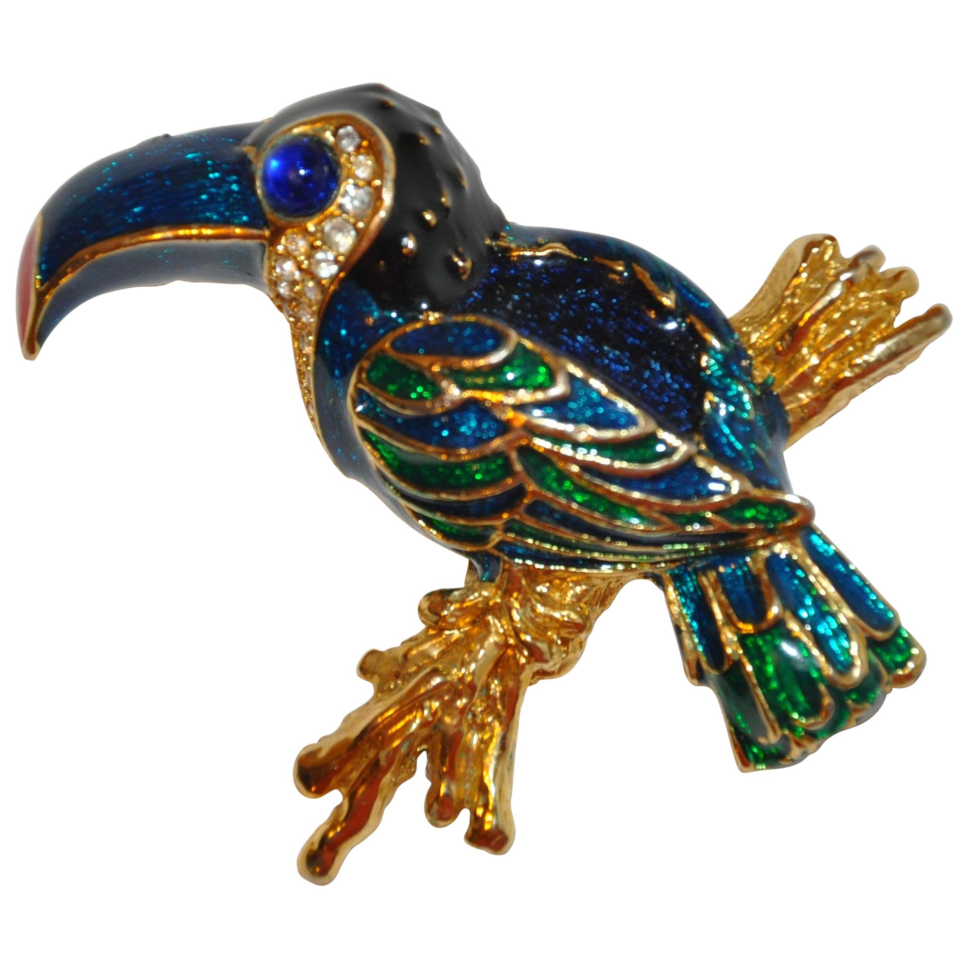 Whimsical Multi-Shade Enamel Inlay over Gilded Gold Hardware "Bird" Brooch For Sale
