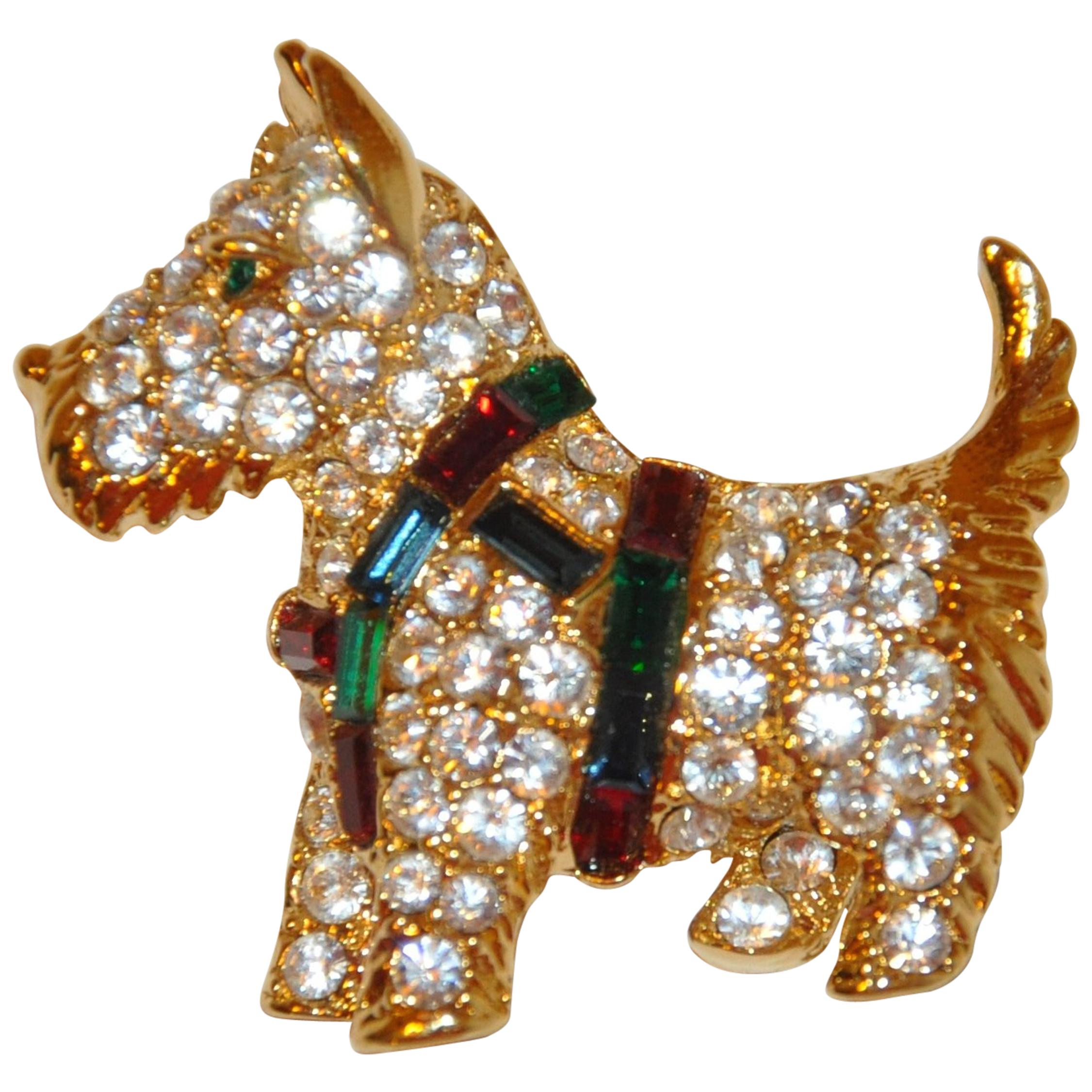Whimsical Gilded Gold Vermeil Hardware "Scottie with Multi-Color Harness" Brooch For Sale
