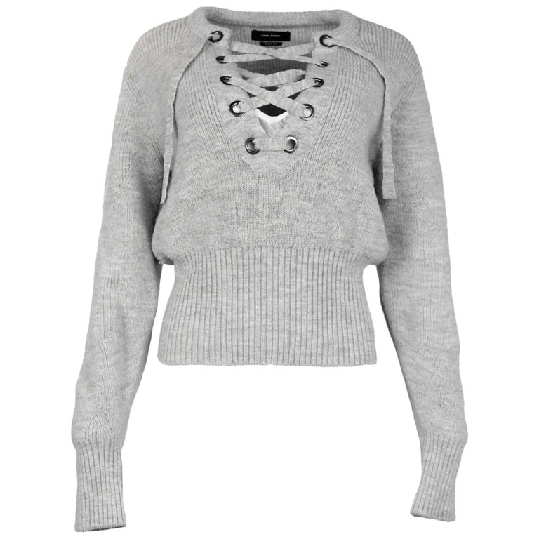 Isabel Marant Light Grey Wool Blend Charley Lace Up Knit Sweater Sz 40 rt. $985 For Sale at 1stDibs | isabel charley sweater, isabel marant lace sweater