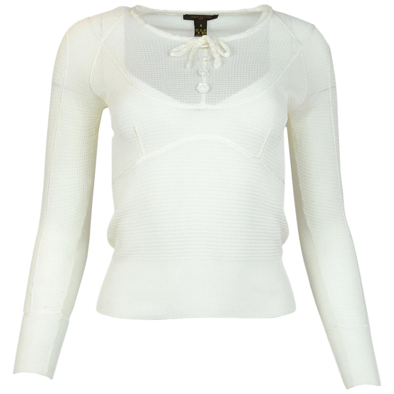 Louis Vuitton Cream Long-Sleeve Silk Sheer Knit Top W/ White Flower Buttons Sz S