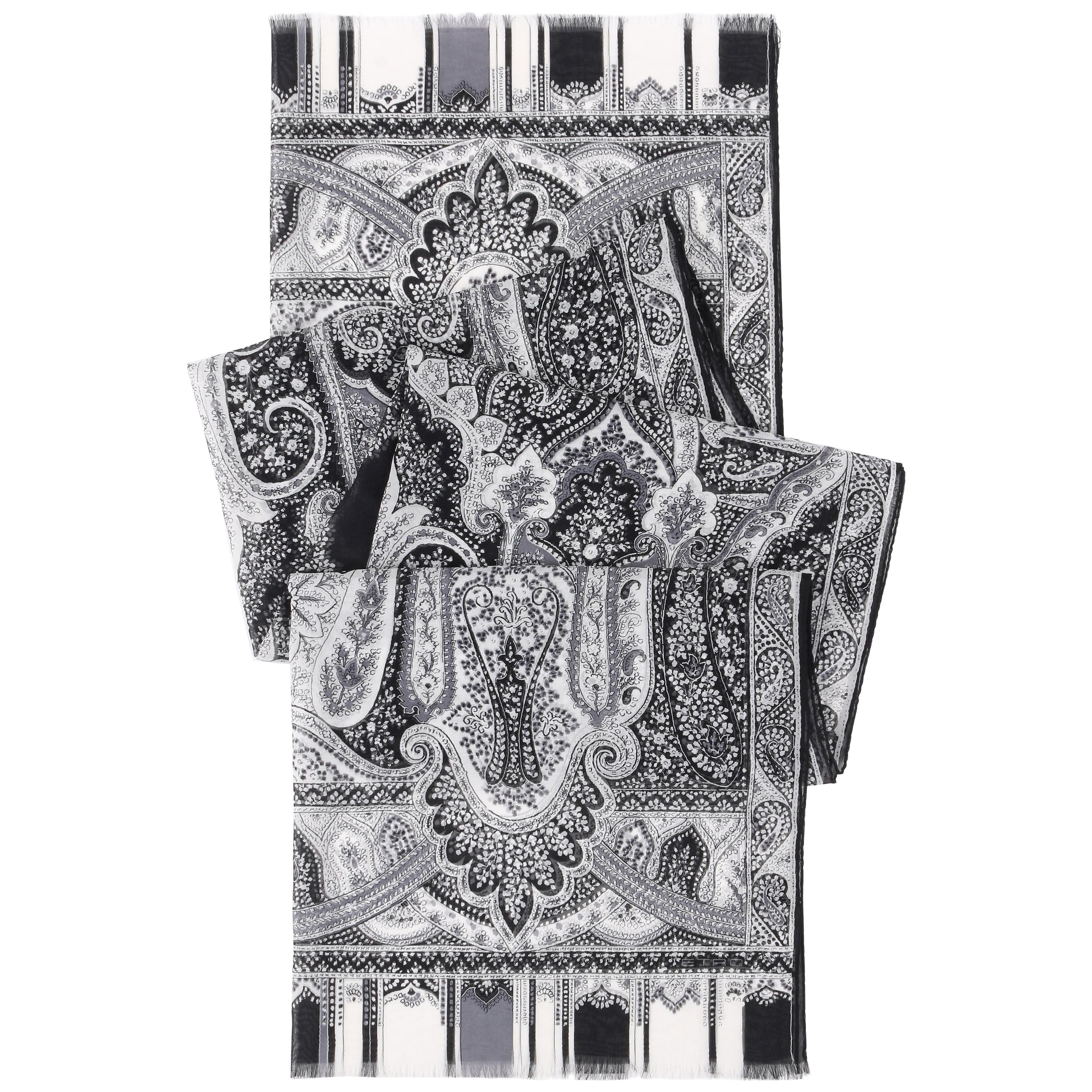 ETRO Black & White Silk Chiffon Paisley Print Oblong Scarf
