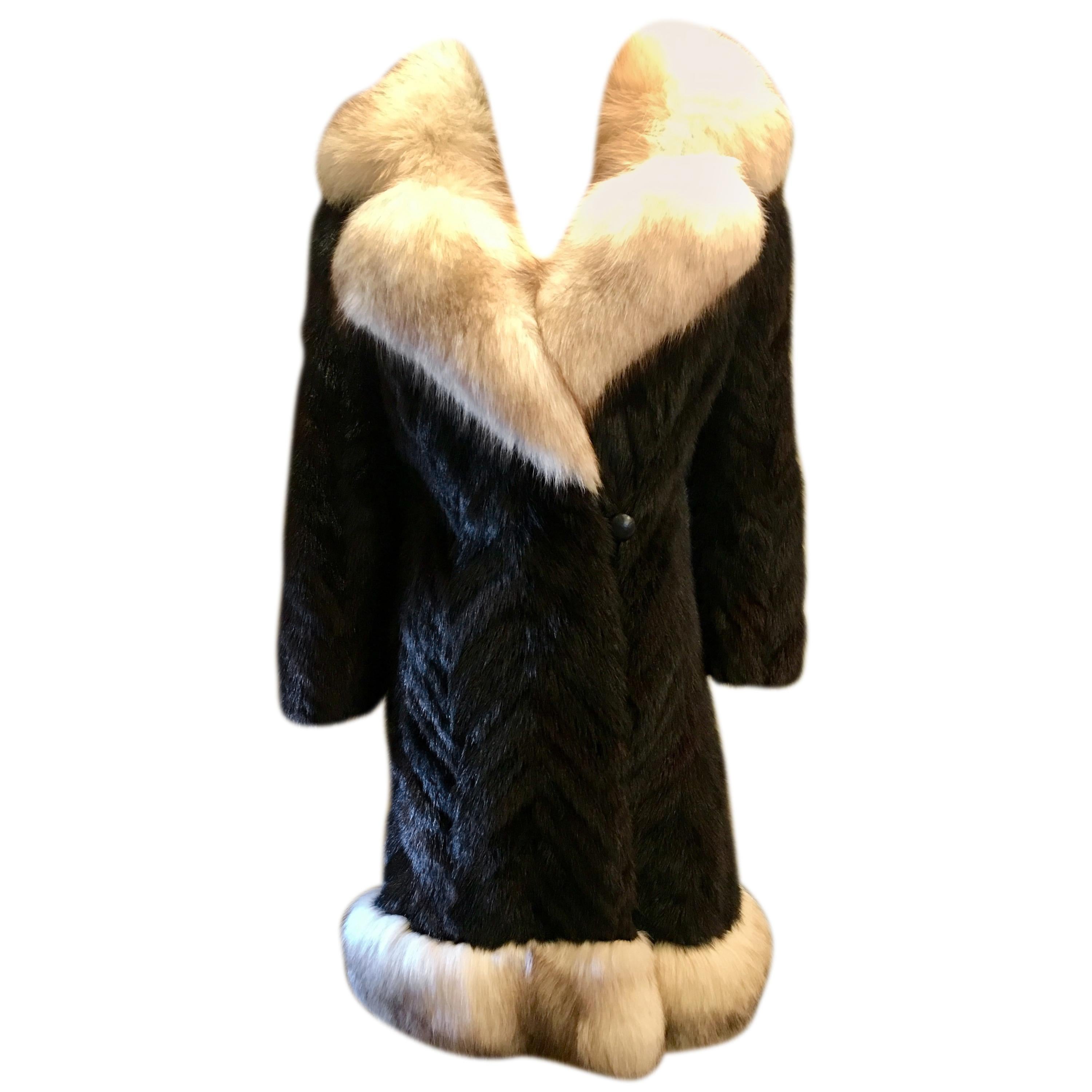 Oleg Cassini Black Herringbone Mink Coat with Silver Fox Fur Collar and Trim
