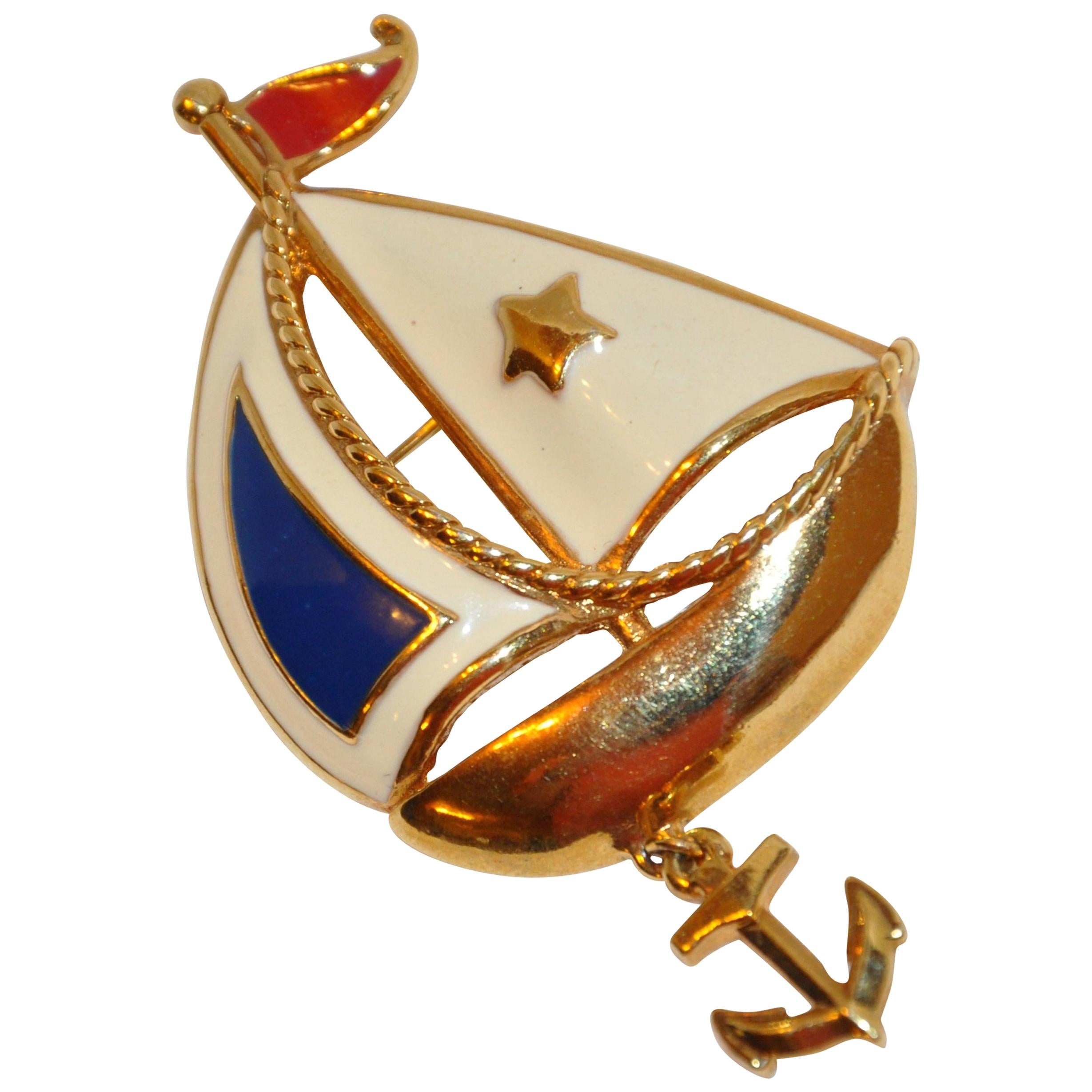 "Sails Away" Multi Color Gilded Gold Hardware Overlay with Enamel Brooch For Sale