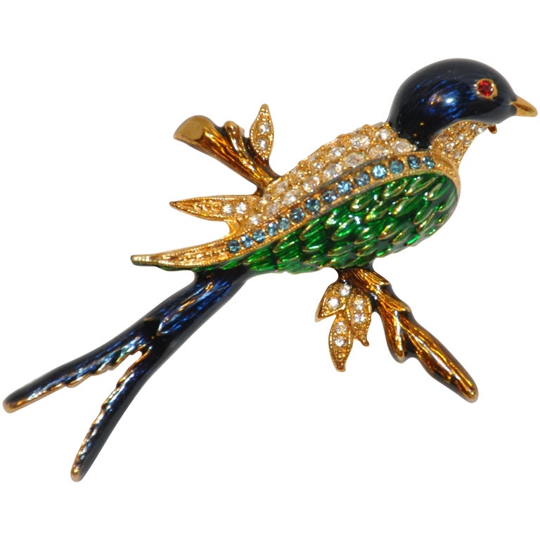 Gilded Gold Vermeil Hardware with Rich Multi-Color Enamel "Robin" Brooch For Sale
