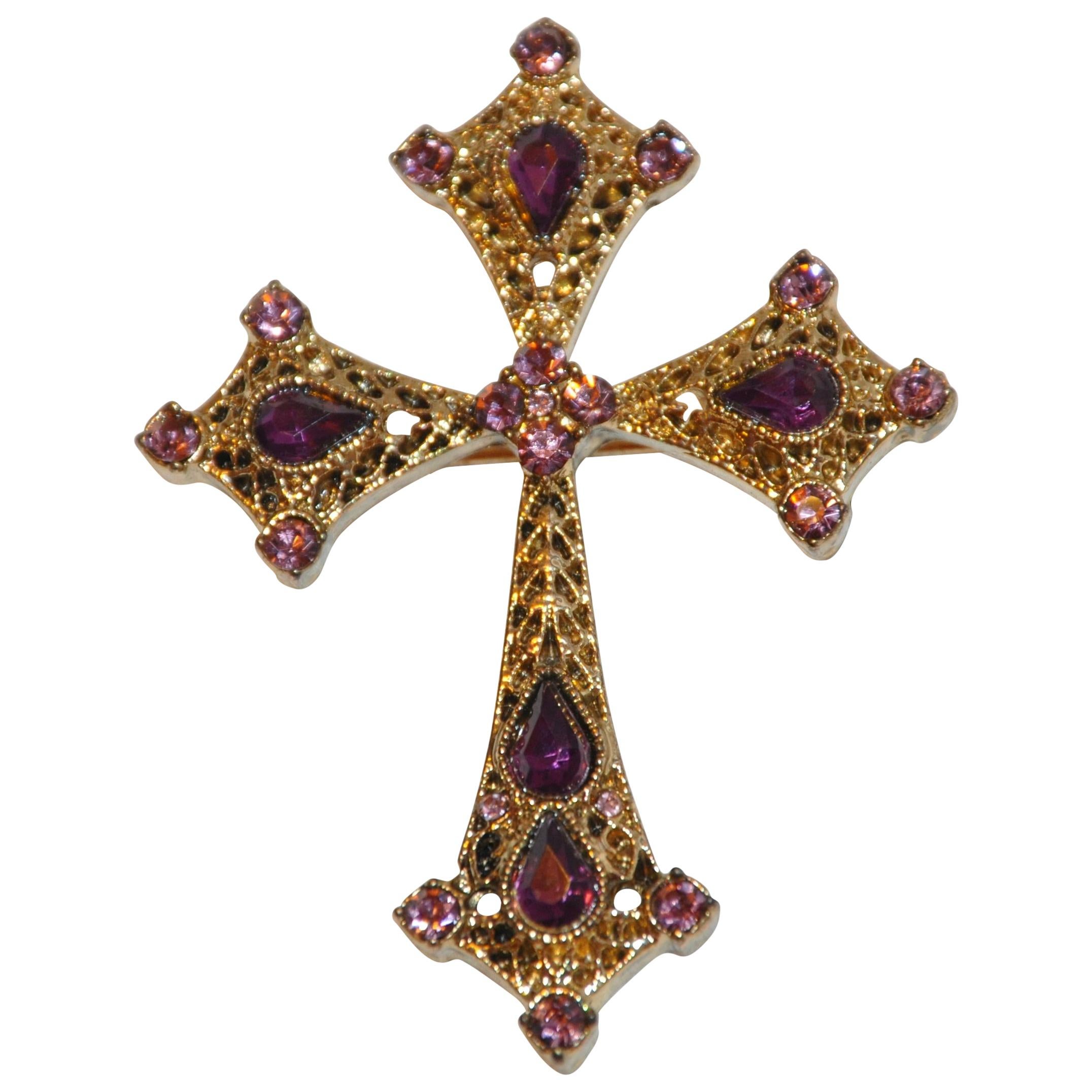Gilded Gold Vermeil Hardware Filigree "Cross" Brooch Accented with Violet Stones For Sale