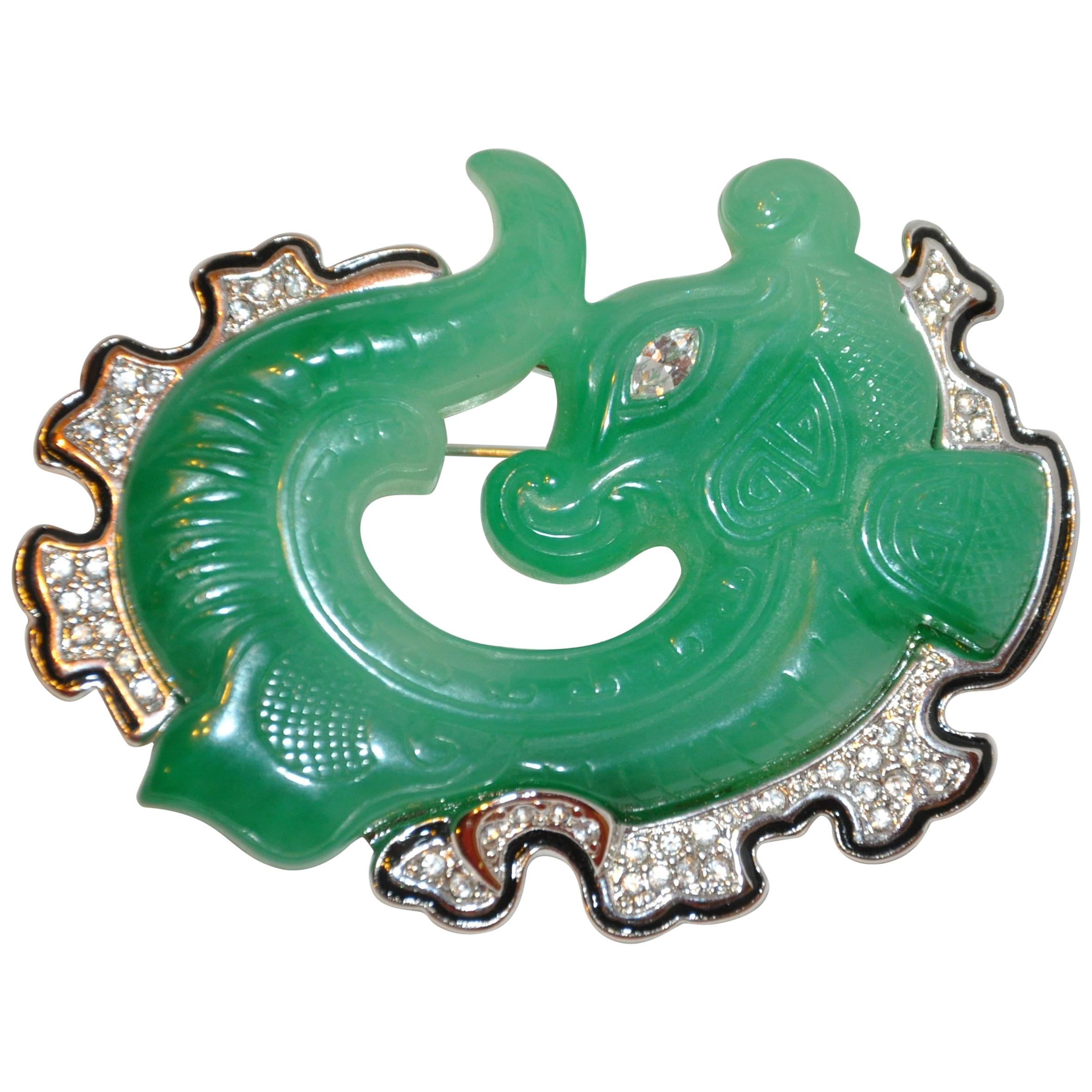 Kenneth Jay Lane "Asian Inspired" Faux "Jadeite Dragon" & Faux Diamonds Brooch For Sale